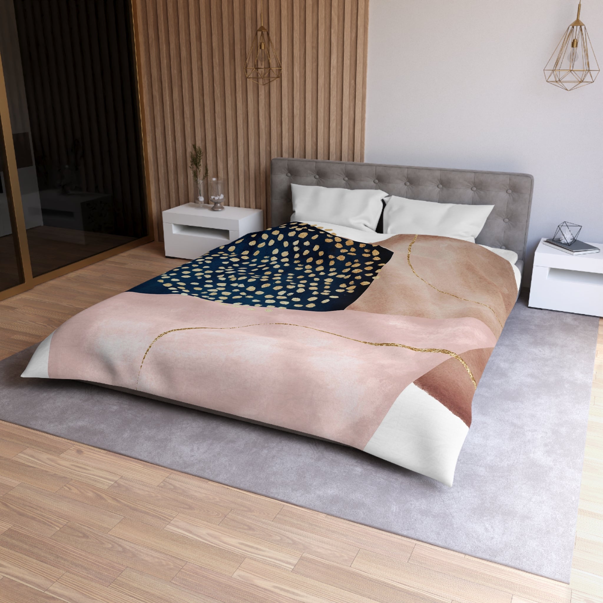 Abstract Boho Duvet Cover | Blush Pink, Beige, Navy Blue Watercolor | Bedroom Decor