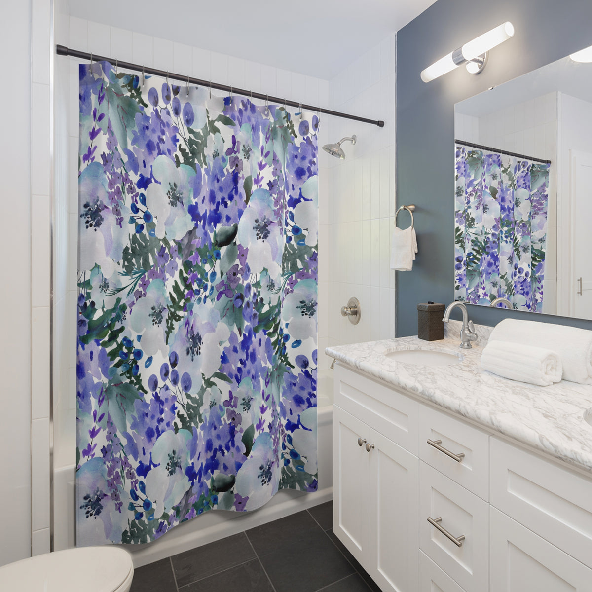 Cobalt Violet Watercolor Floral Shower Curtain, Bath Curtain 71x74