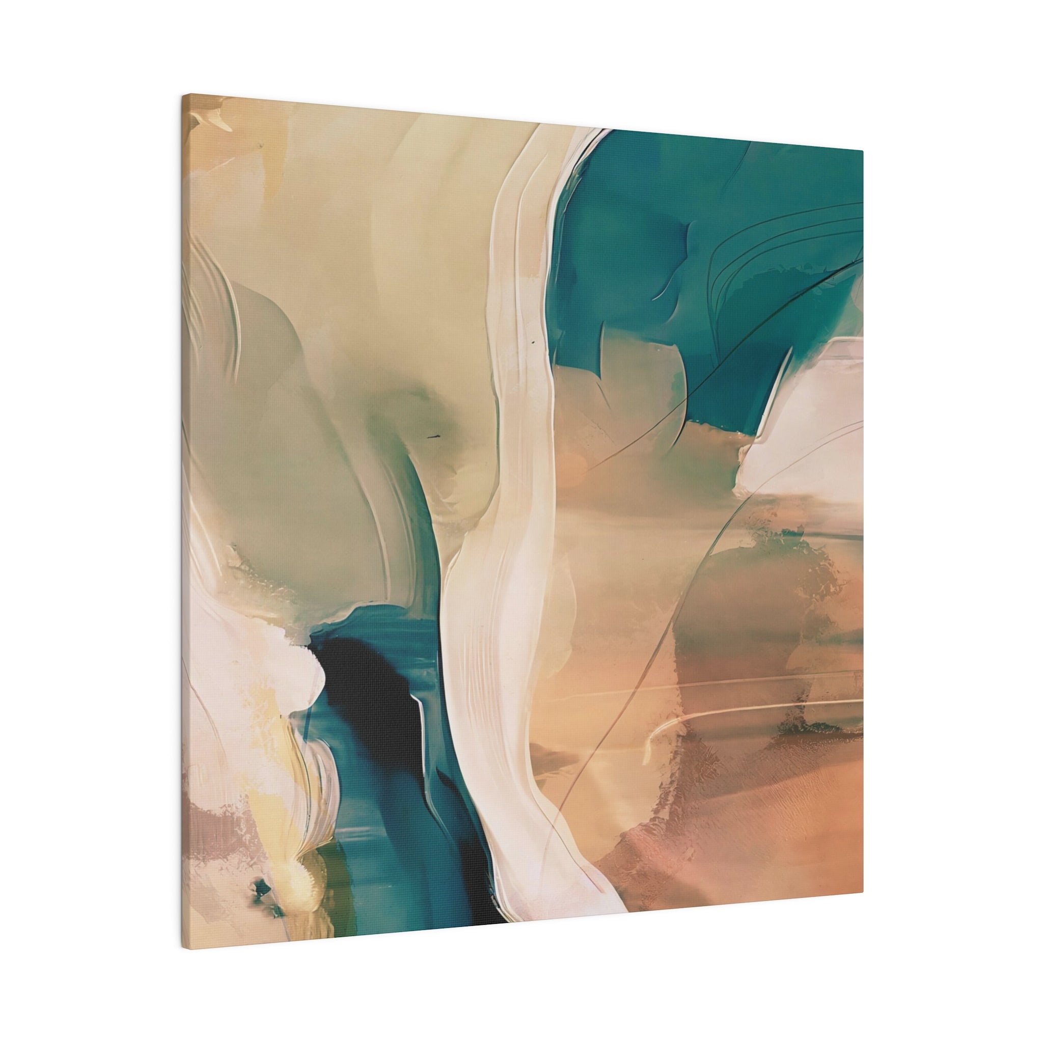Earthy beige and teal abstract canvas wall art, full canvas view