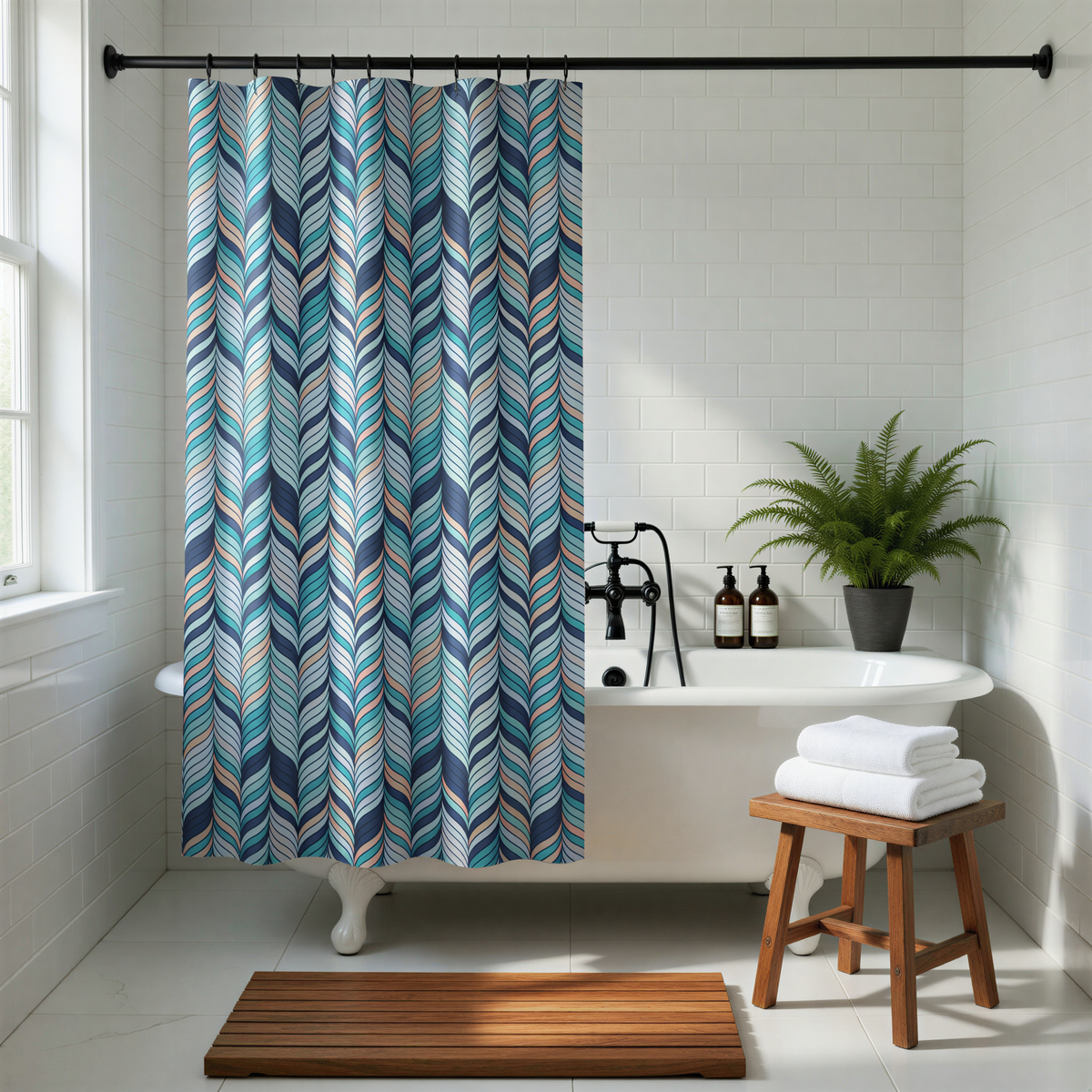 a modern bathroom with a white clawfoot bathtub, a colorful patterned shower curtain, a wooden stool, and a potted plant.