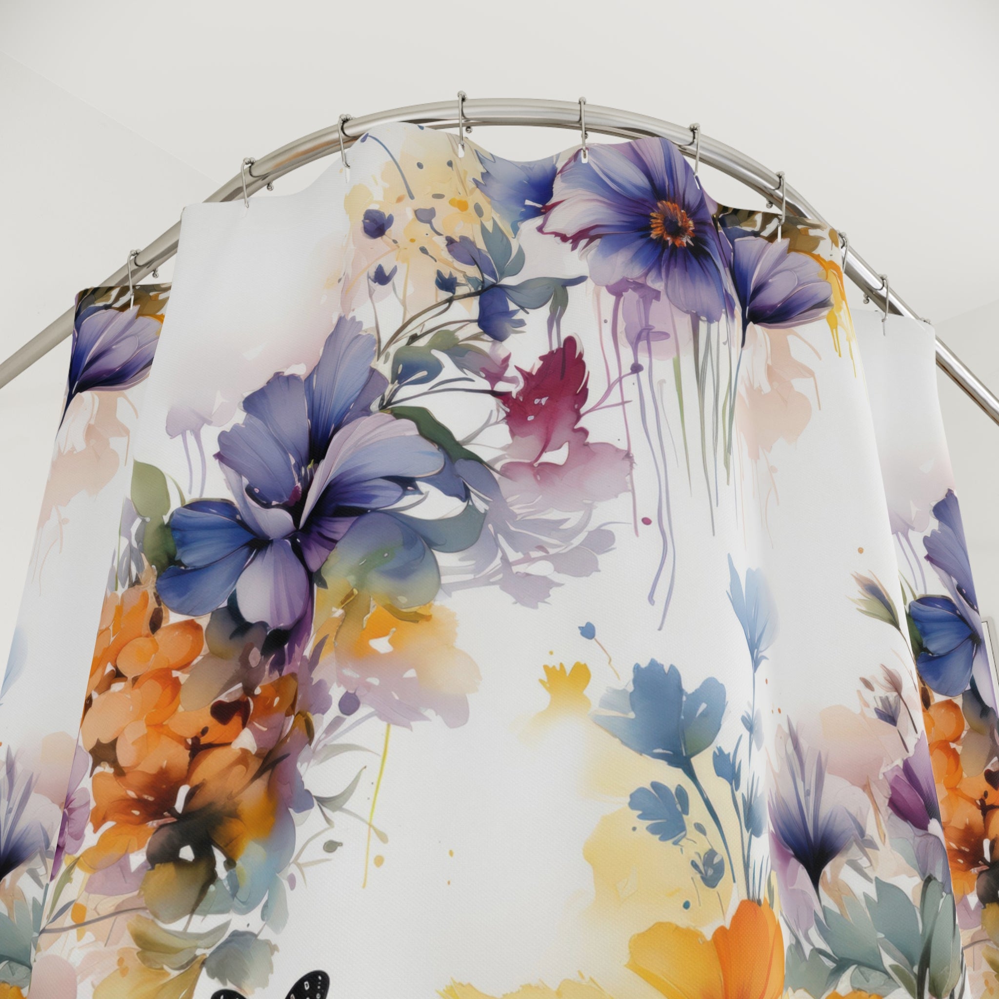 Floral Shower Curtain | White Botanical Colorful Fabric Curtain