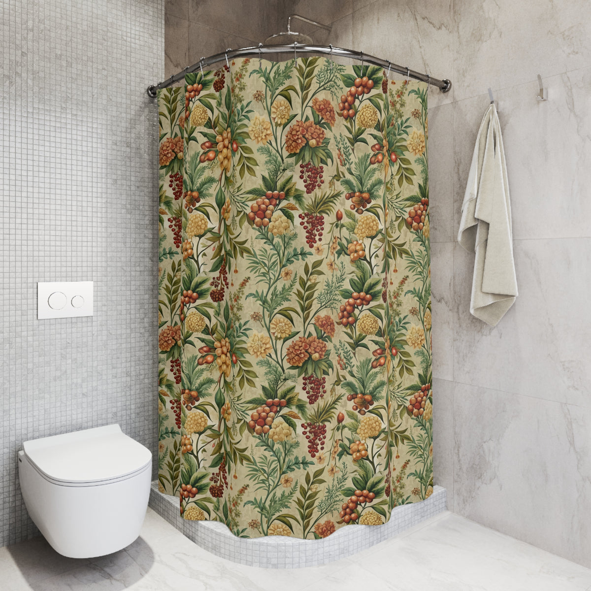 a bathroom with a shower curtain adorned with a tropical print of various fruits and flowers. The shower curtain is hanging on a rod next to a white towel. The bathroom has a white toilet and a white tiled wall.