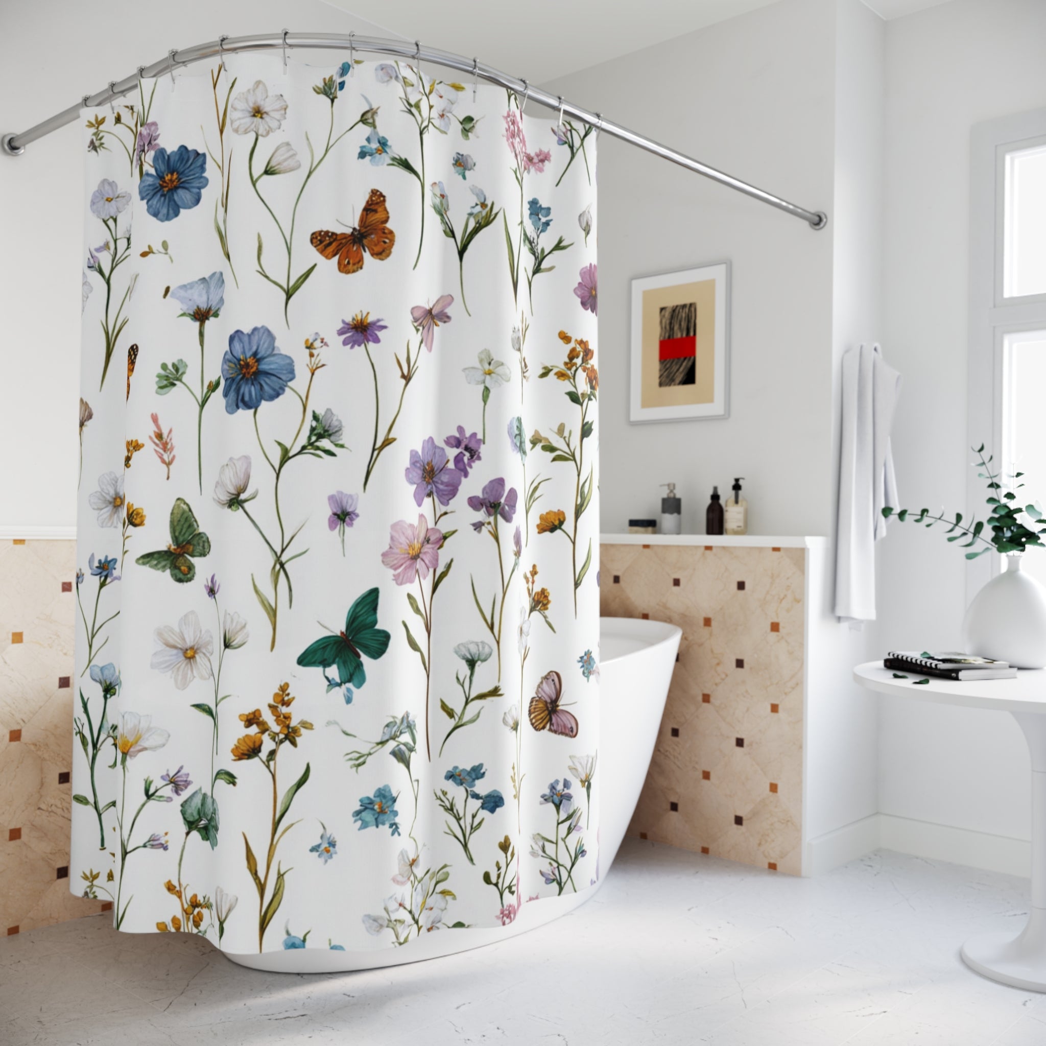 Floral Shower Curtain | Garden, Butterflies, Spa Bathroom Decor