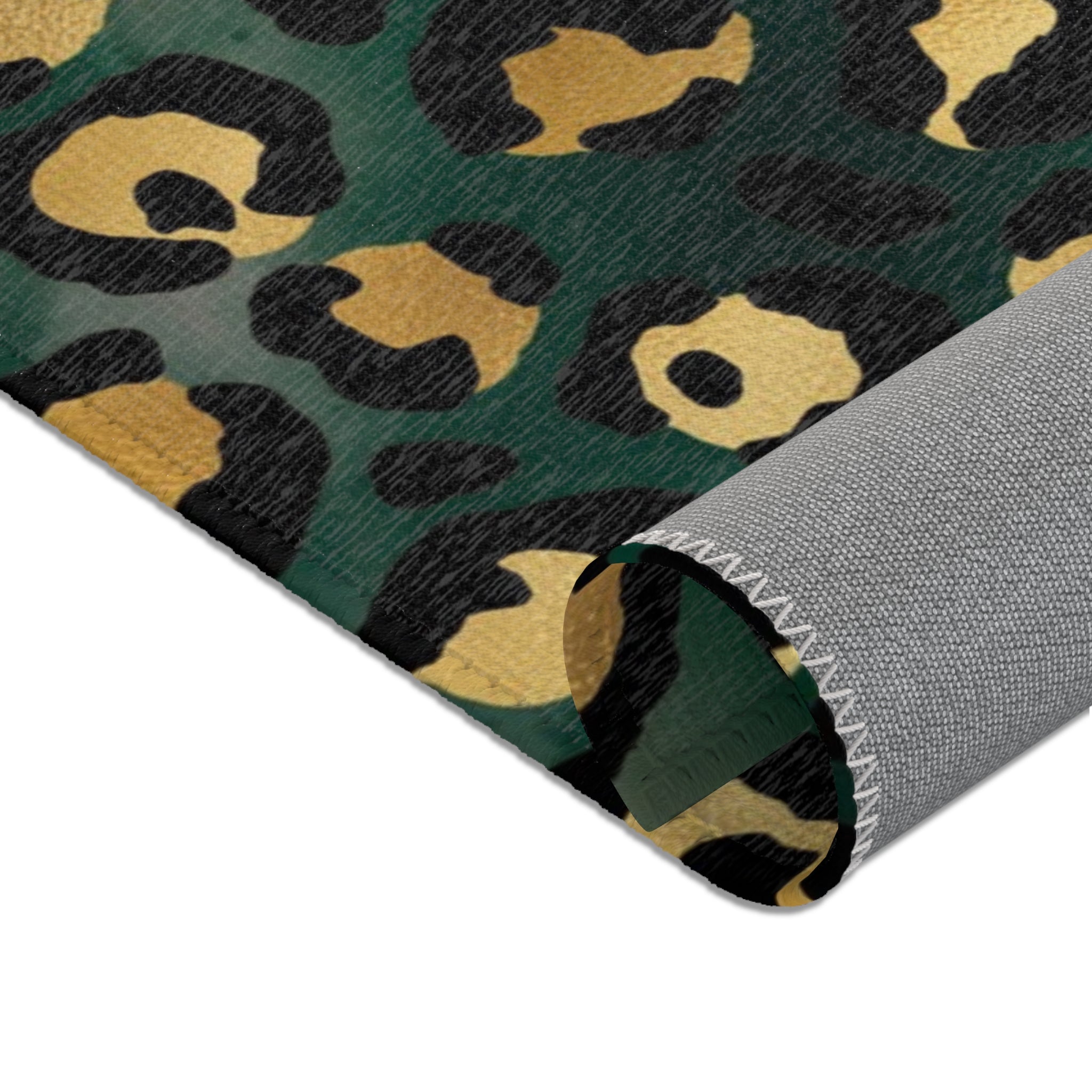 Dark forest green, black and beige leopard animal print large area rug, full rug view
