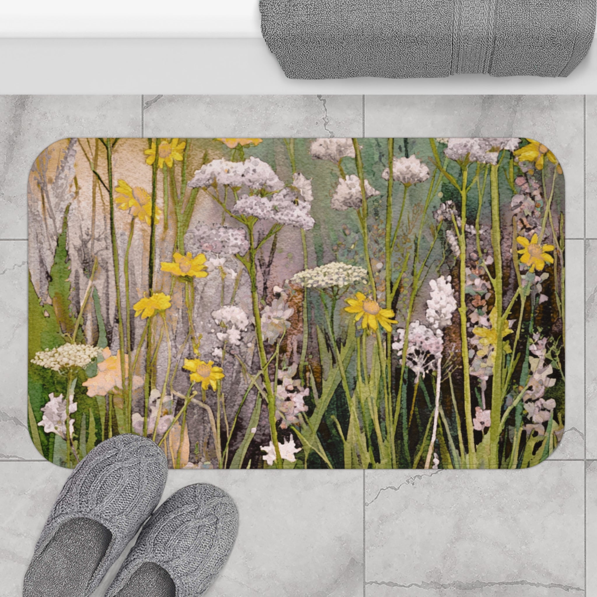 Abstract Floral Bath Mat | Yellow Green Watercolor Kitchen Mat