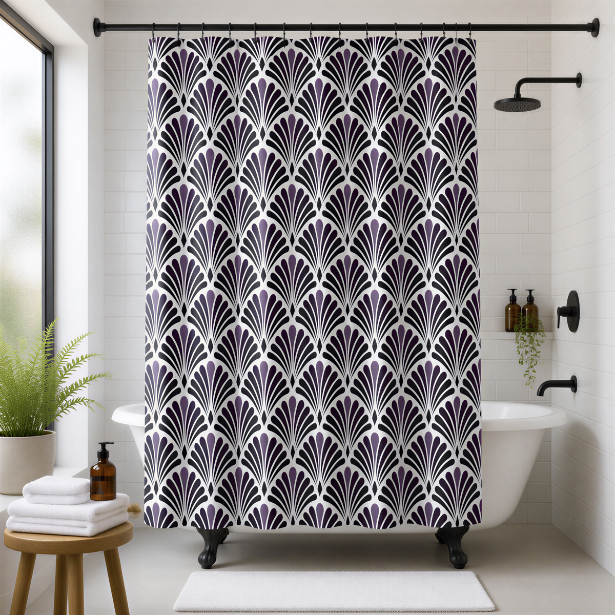 a bathroom with a white bathtub, a shower curtain with a repeating purple and black floral pattern, and a wooden stool.