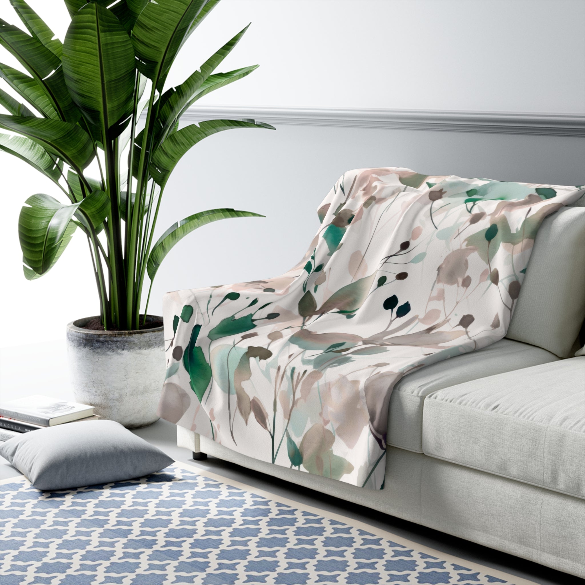Floral Throw Blanket | Beige Green Watercolor