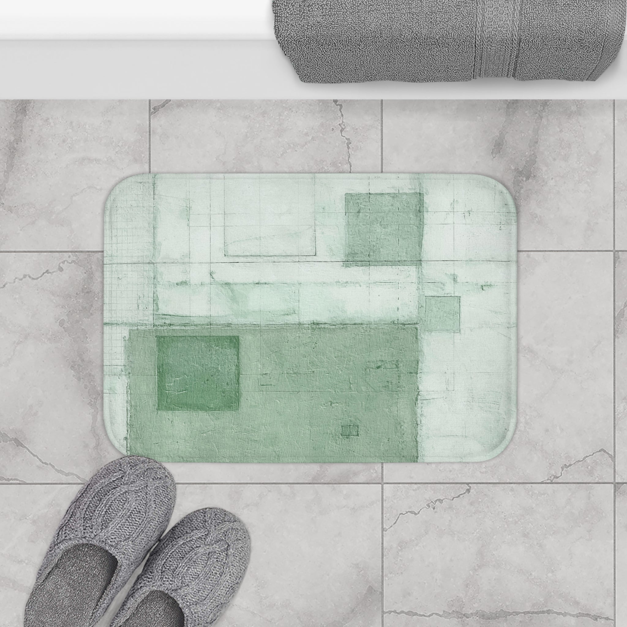 Abstract Bath Mat | Rustic Sage Pale Green Geometric Kitchen Mat