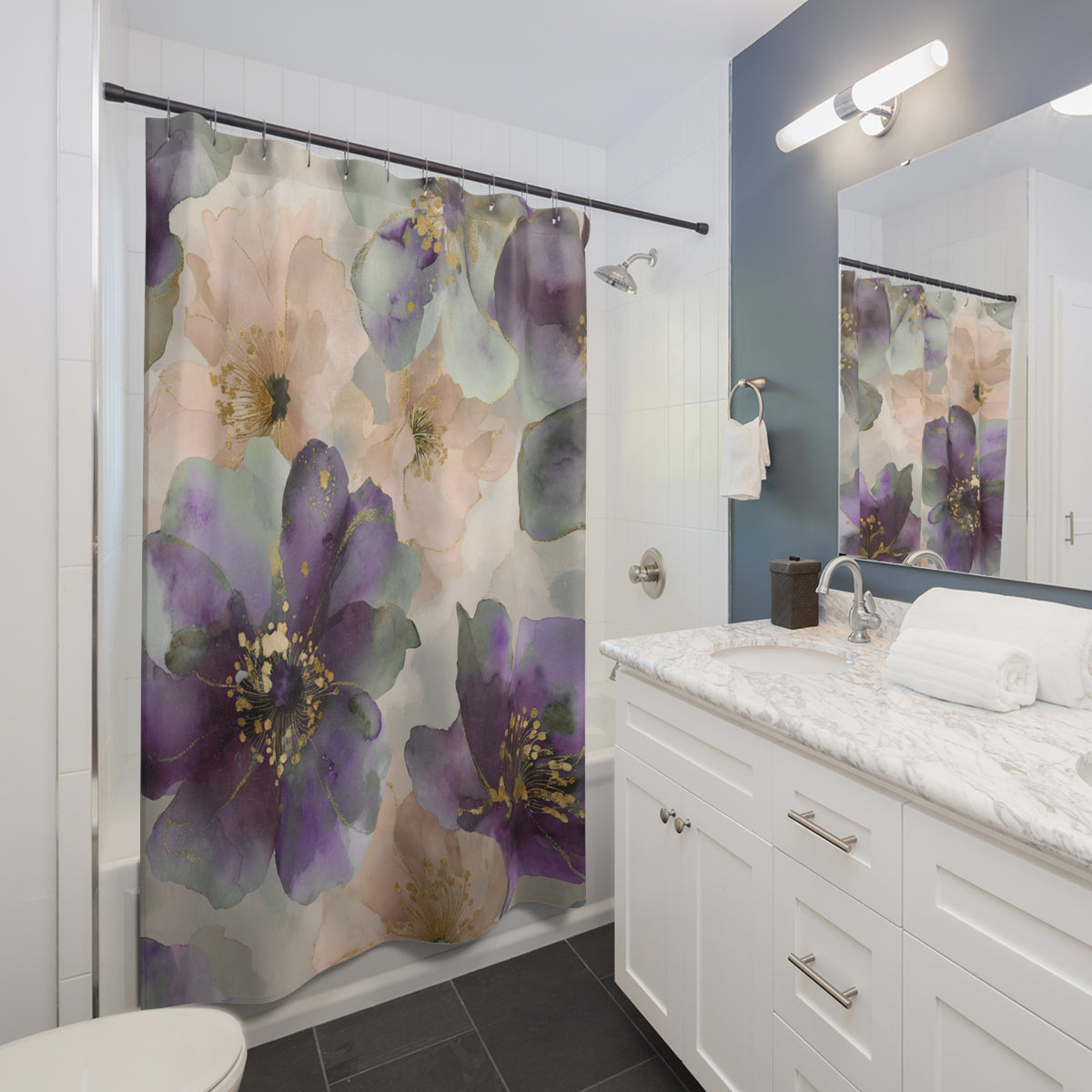 A bathroom with a white vanity, a shower curtain with a floral pattern, and a mirror above the vanity.