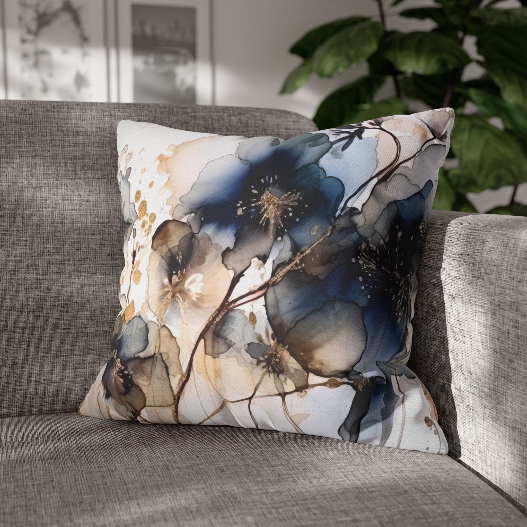 Floral Pillow Cover | Navy Blue Beige White Pillowcase
