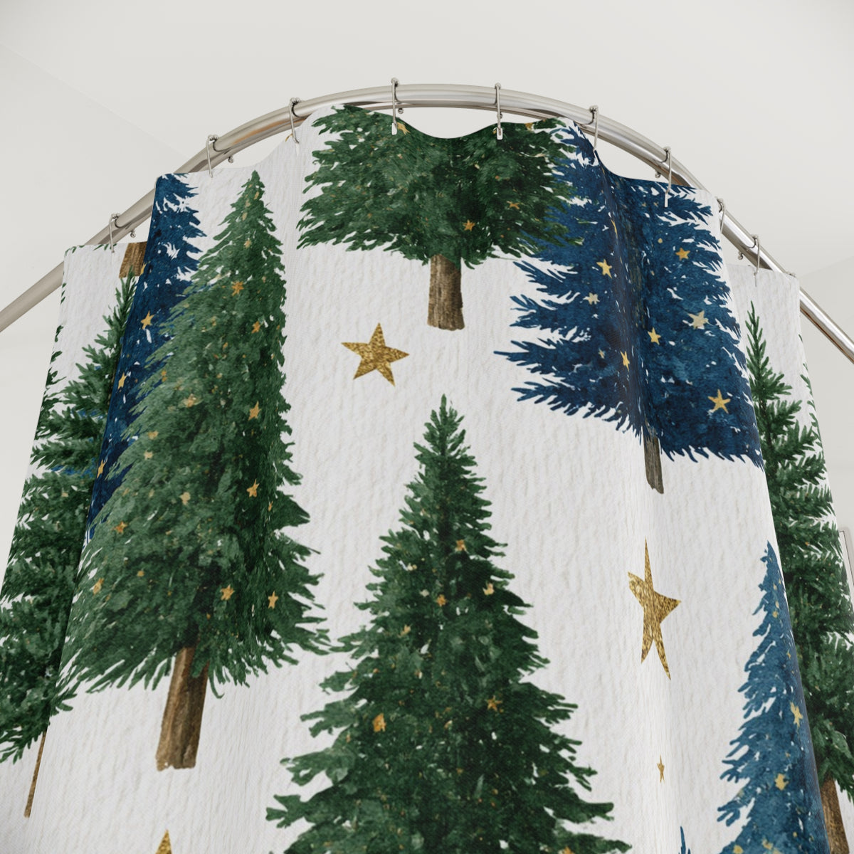 Green Blue Christmas Pines Shower Curtain, Bath Curtain 71x74