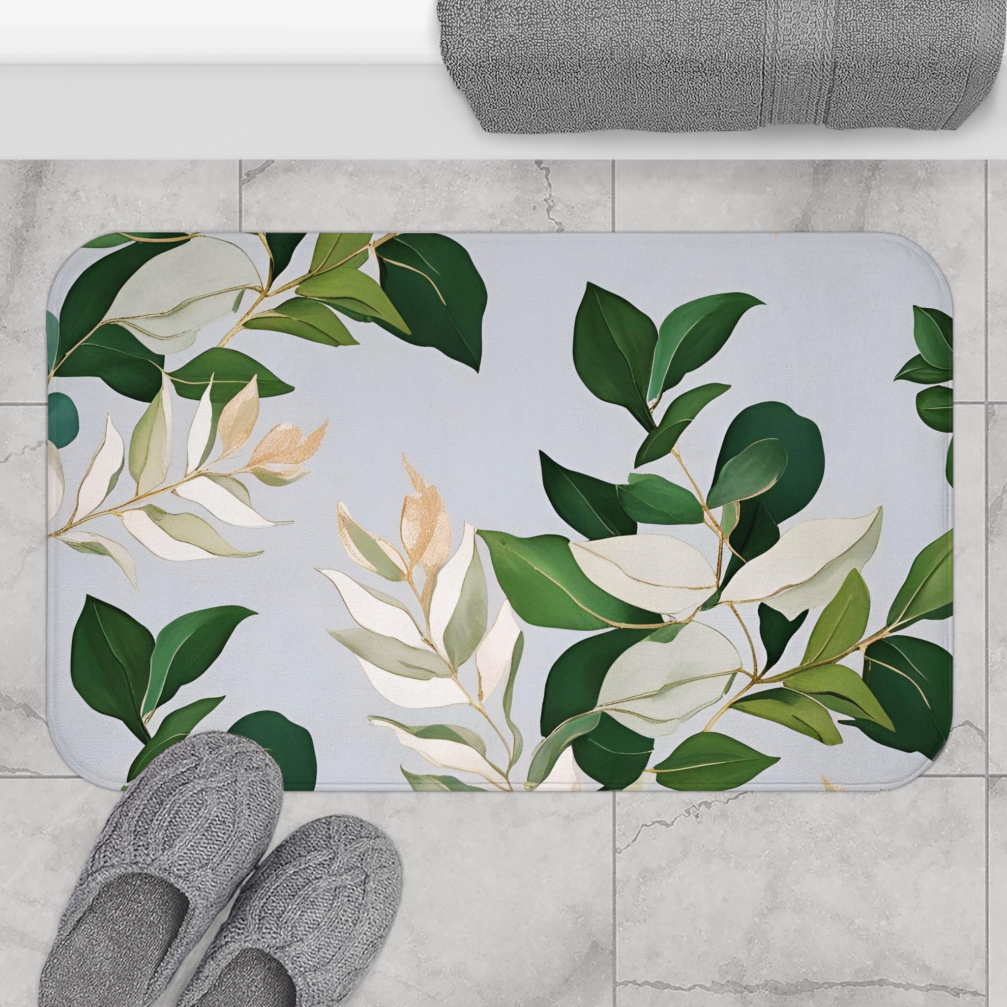 Floral Bath Mat | Green White Grey Leaves Kitchen Mat