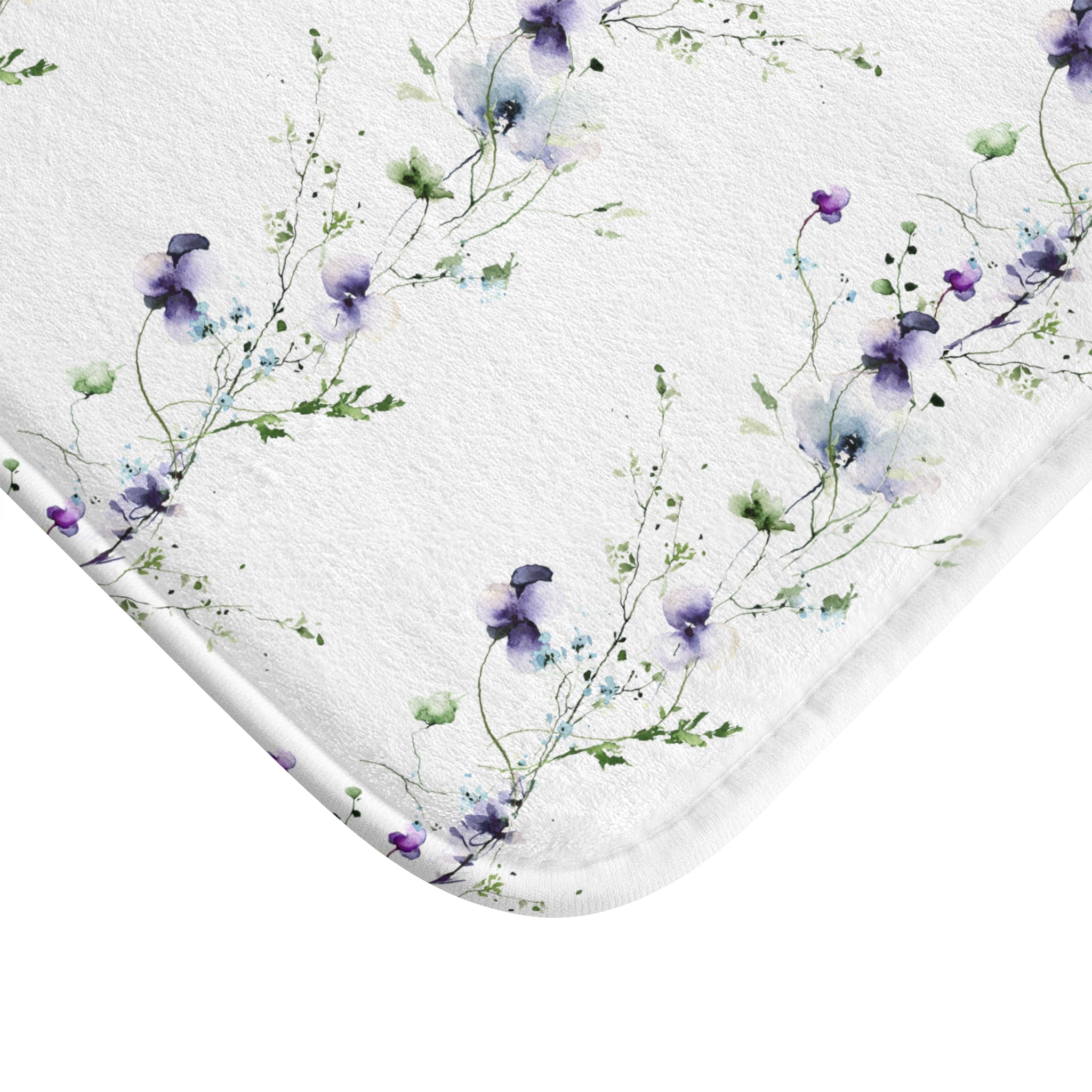 Floral Bath Mat | White Purple Sage Green, Nature Kitchen Mat