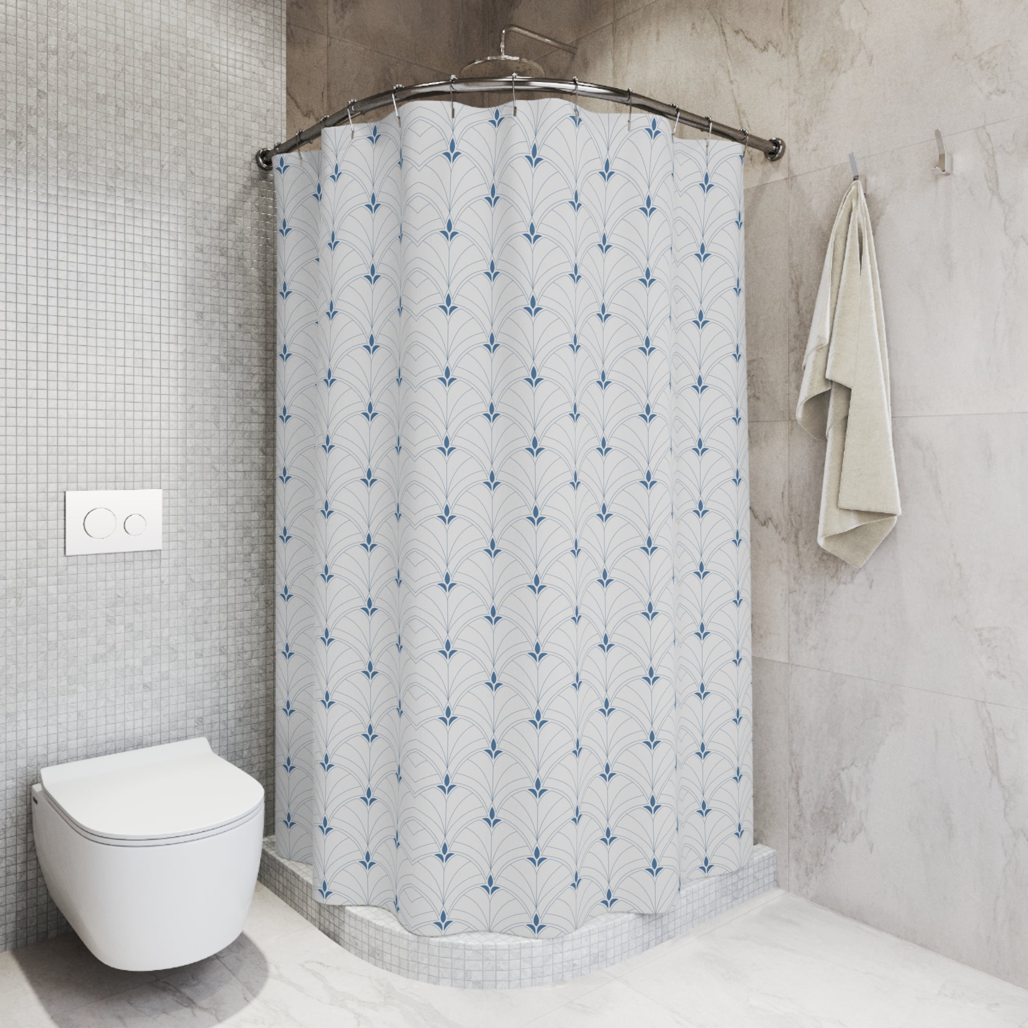 Boho Shower Curtain | Retro White Blue Art Deco, Nouveau