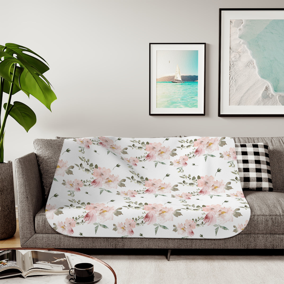 Blush Rose Spray Sherpa Blanket | Sage Watercolor Floral Throw