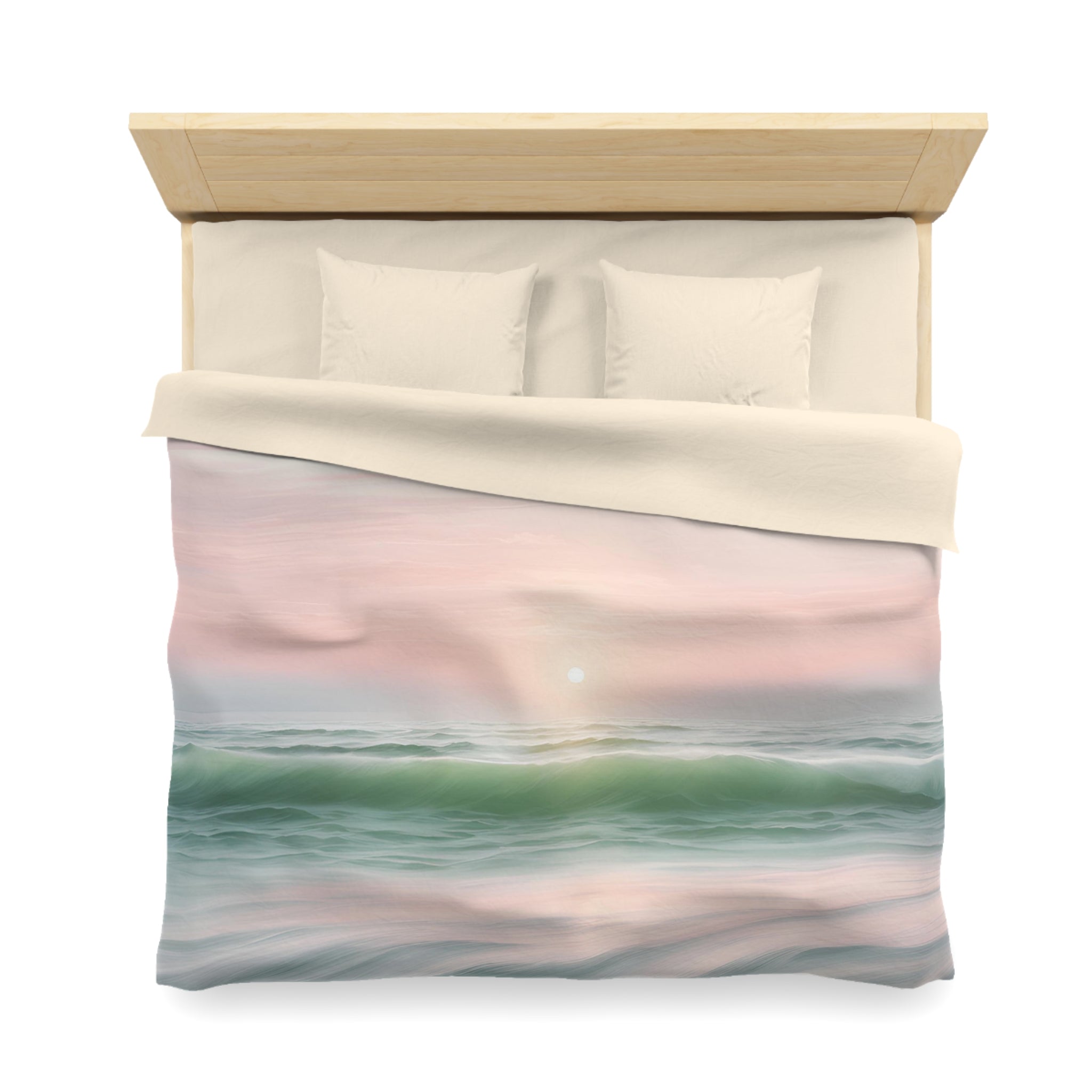 a serene ocean scene with a pink and green gradient background, featuring a calm sea and a small island in the distance.