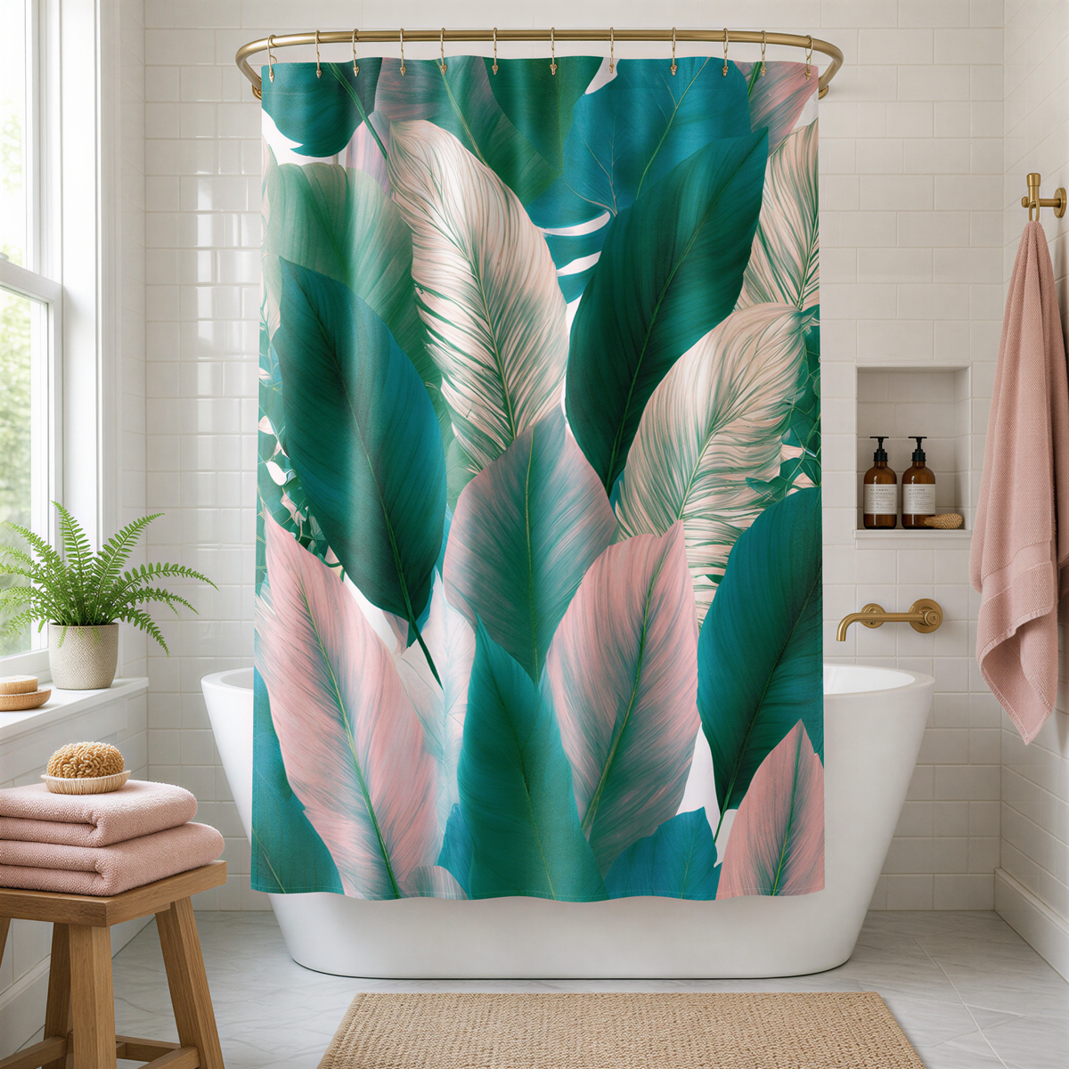 a bathroom with a shower curtain adorned with a tropical leaf pattern in shades of green, pink, and white. The shower curtain is hanging from a gold rod, and the bathroom has white tiles on the walls and a white bathtub. There is also a wooden stool and a potted plant in the room.