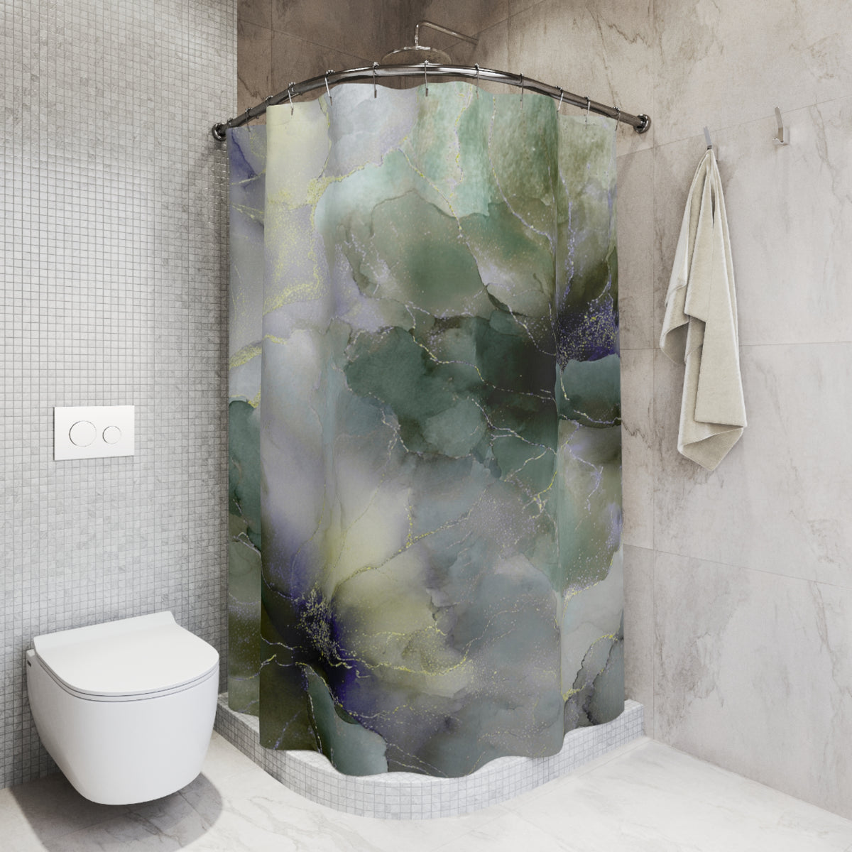 a modern bathroom with a shower curtain featuring a marble-like pattern in shades of green and blue. The shower curtain is hanging from a rod next to a towel. The bathroom has a white toilet and a tiled wall, creating a clean and minimalist aesthetic.
