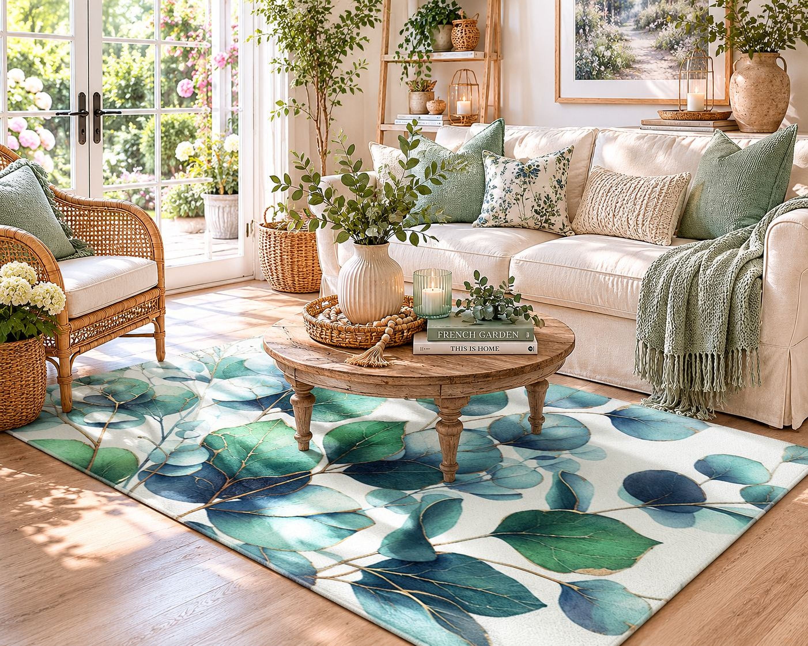 a cozy and inviting living room with a large window, a white sofa, a wooden coffee table, and a rug with a leaf pattern. The room is decorated with various plants, vases, and books, creating a warm and welcoming atmosphere.