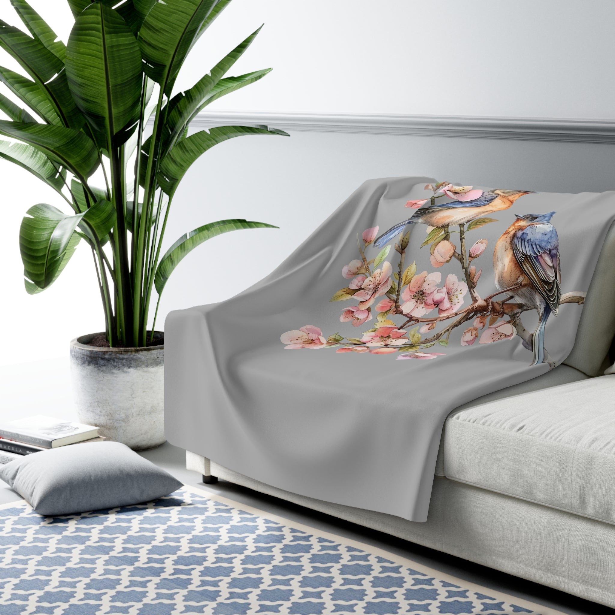 Bird Throw Blanket | Grey Pink Sakura Flowers