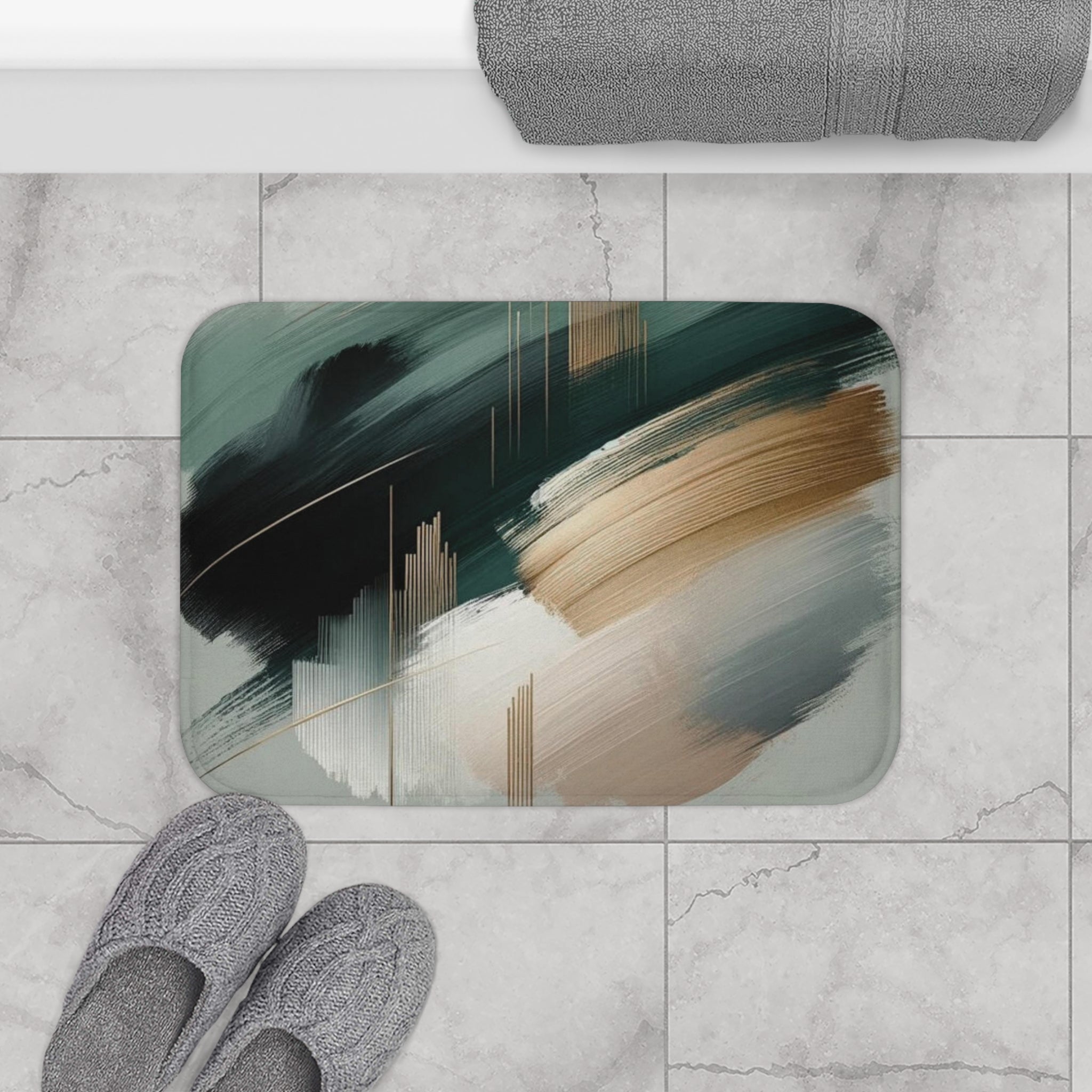Abstract Bath Mat, Kitchen Mat | Sage Green, Muted Gold Mat