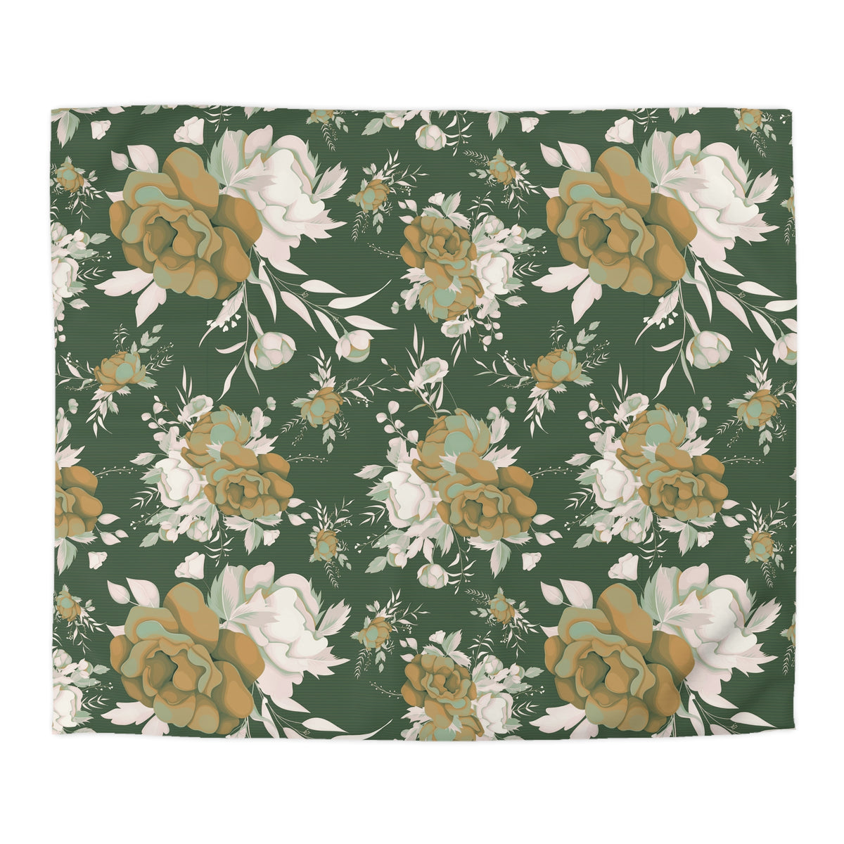 a repeating floral pattern with green and white flowers and leaves on a dark green background.