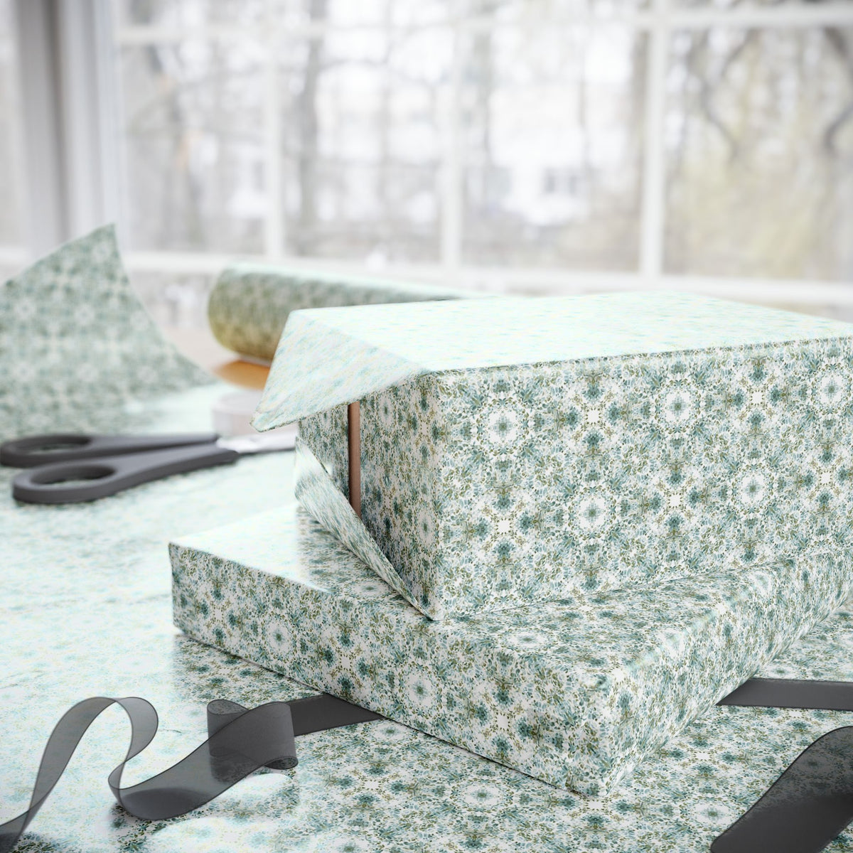 Sage Green Cream Watercolor Floral Wrapping Paper, Gift Wrap