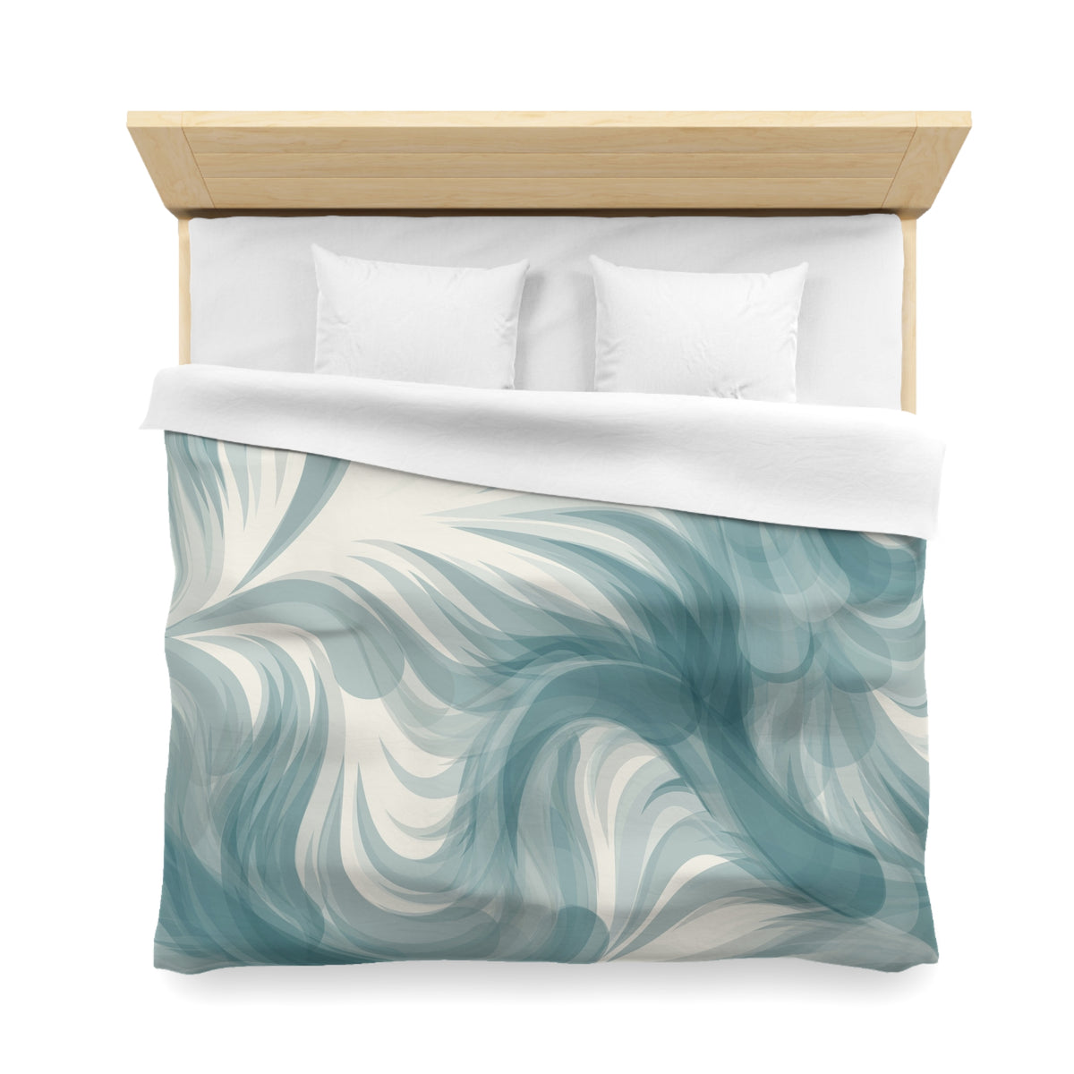 a neatly made bed with a white comforter and a patterned blue and white duvet cover.