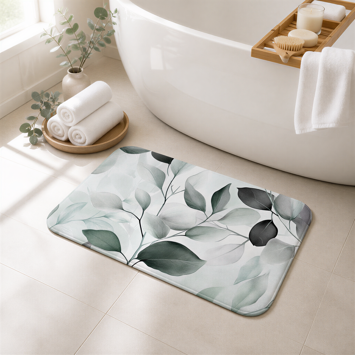 a bathroom with a white bathtub, a decorative bath mat with a leaf pattern, and a wooden tray with toiletries.