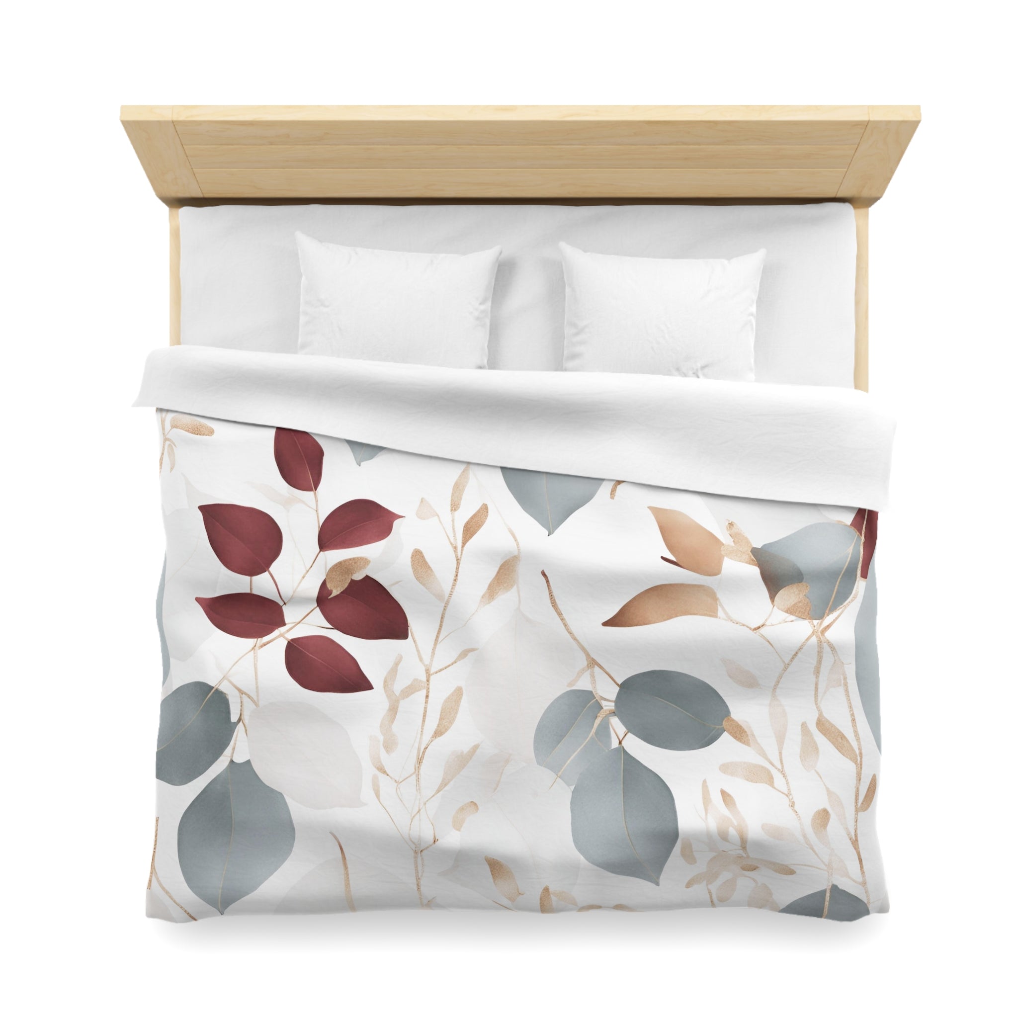 Floral Duvet Cover | Blue Grey, White Burgundy, Beige Eucalyptus Leaves Bedding Decor | Bedroom Decor