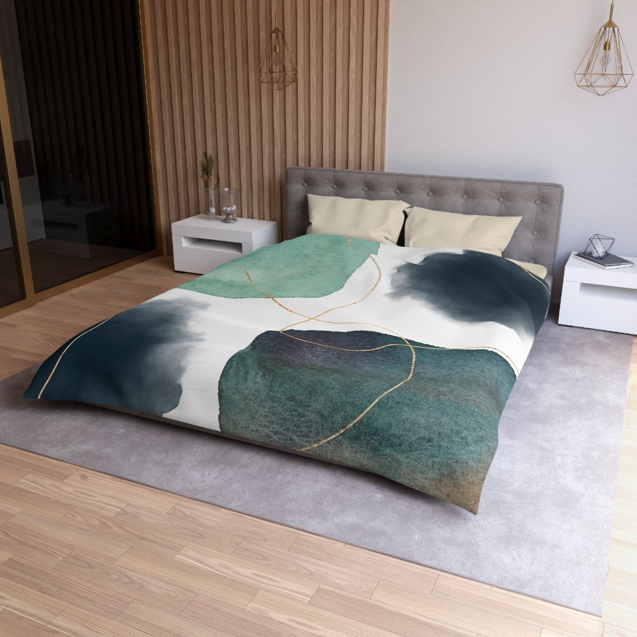 Abstract Duvet Cover | White Teal Mint Green, Navy Blue | Bedroom Decor