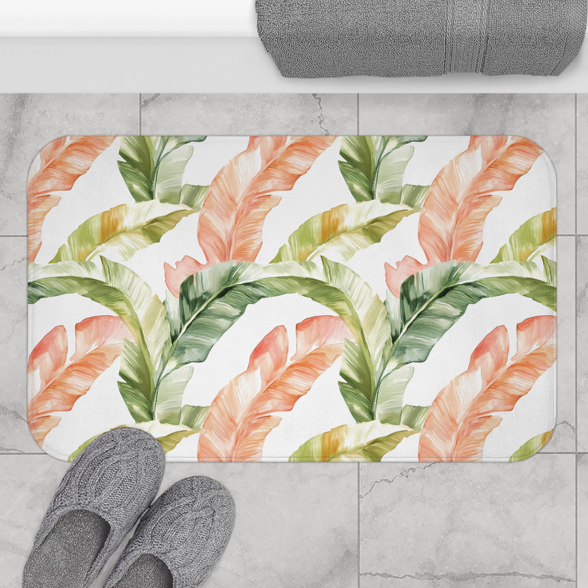 Tropical Floral Bath Mat | Jungle Palm Leaves Blush Green Kitchen Mat