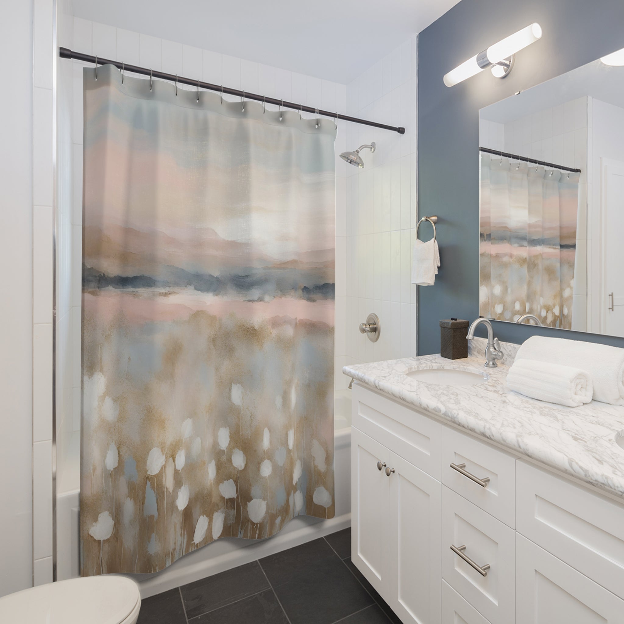 Boho Shower Curtain | Pink Blue Sky, Beige Meadow
