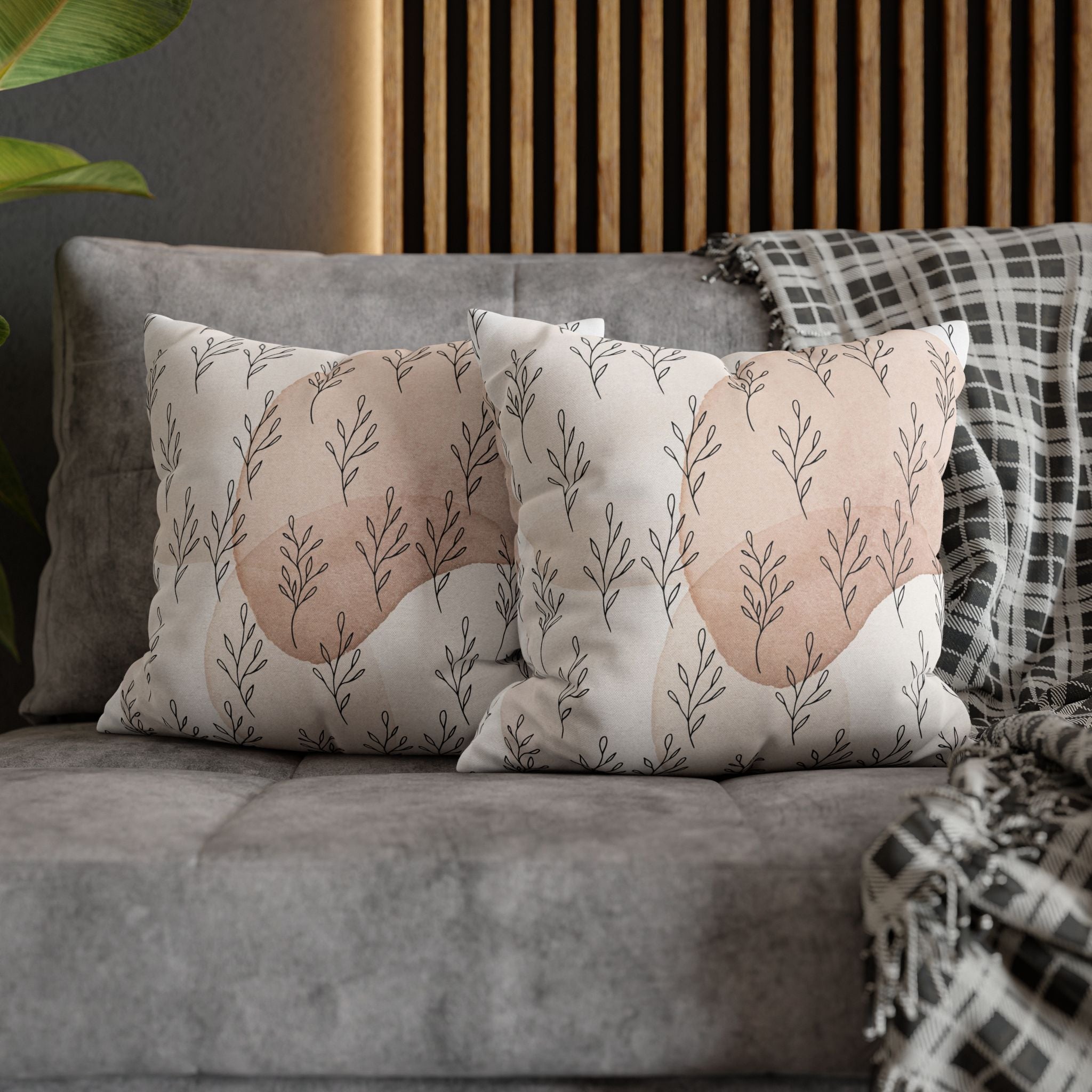 Boho Throw Pillow Cover; Blush Beige Hygge Leaves Couch Cushion