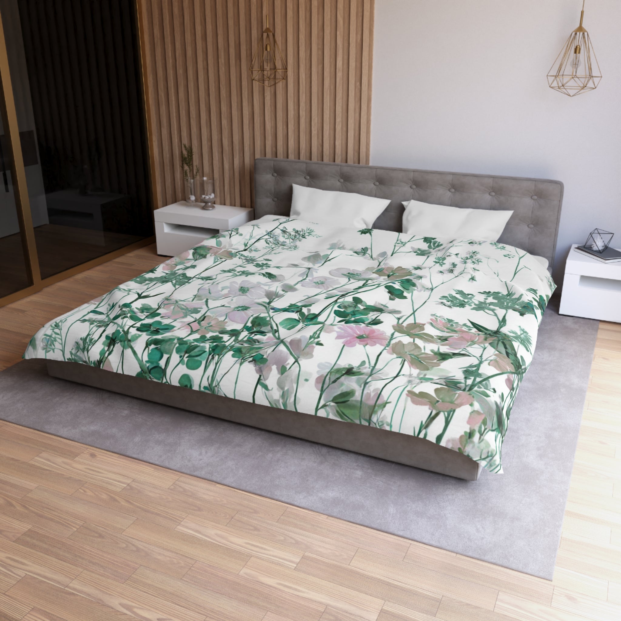 Floral Modern Duvet, Pillow Cover | White Green Bedroom Decor