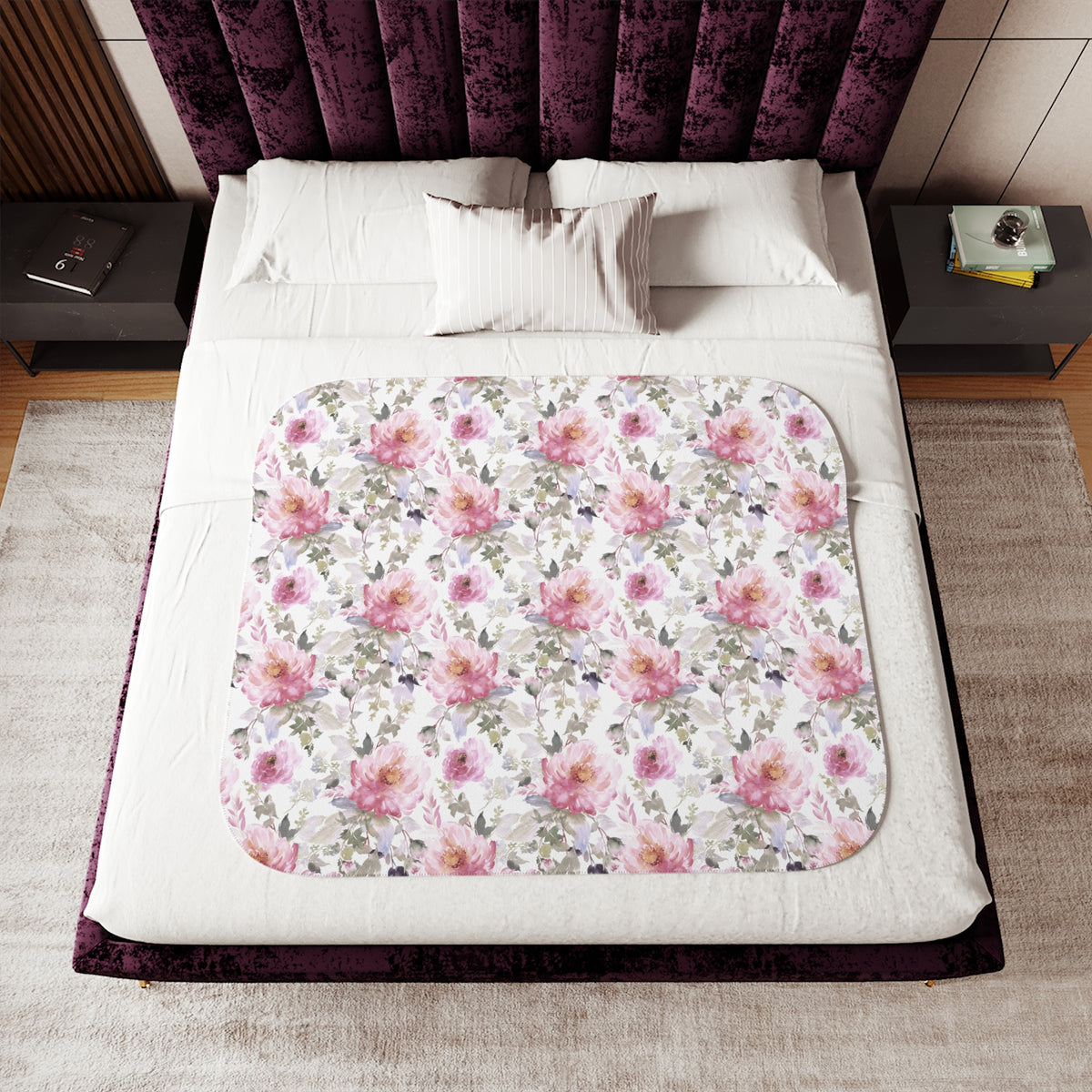 Pink Watercolor Peony Sherpa Blanket | Blush Sage Floral Throw