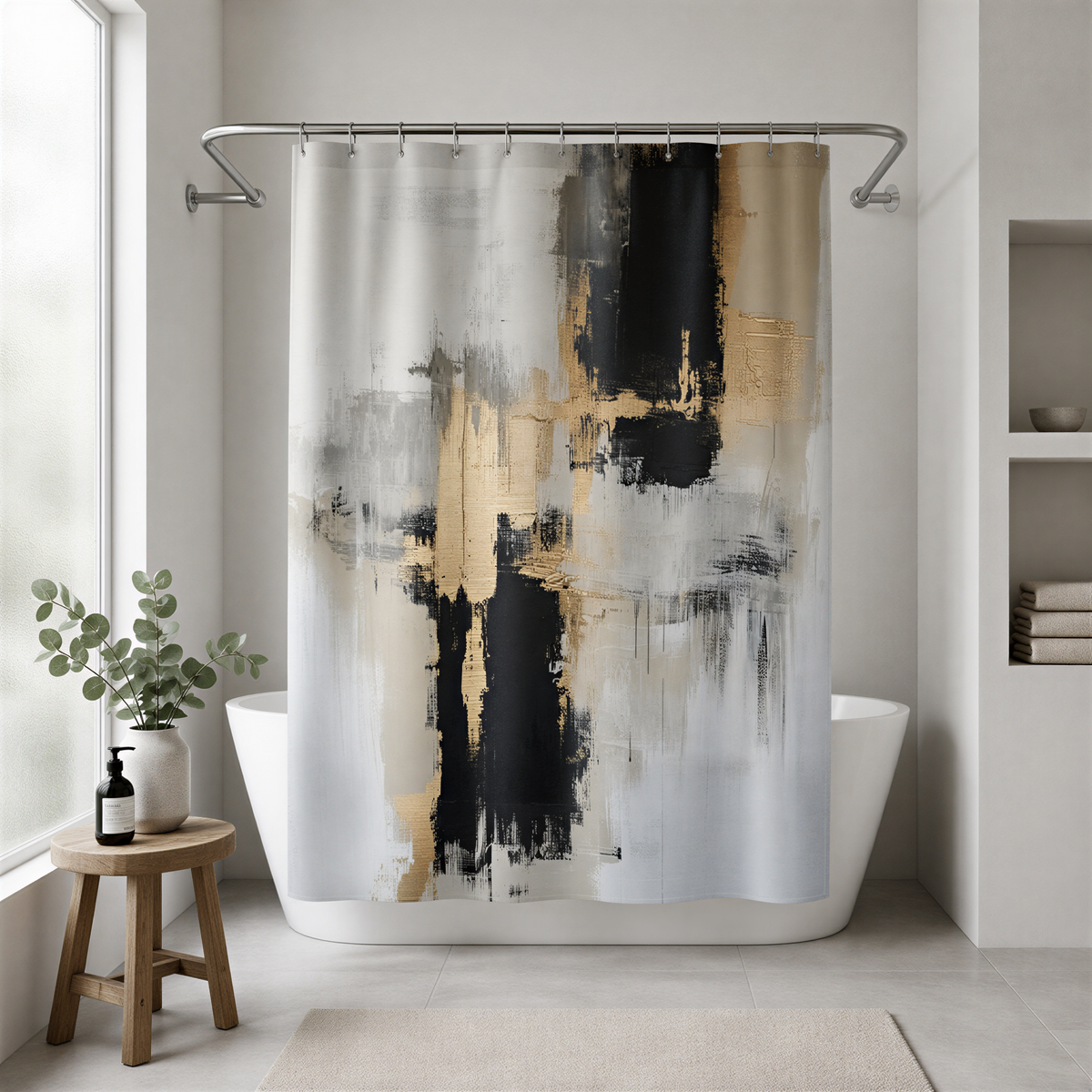 a modern bathroom with a large abstract painting hanging above a white bathtub. The painting has a mix of black, white, and gold colors, creating a striking contrast. The bathroom also includes a wooden stool, a potted plant, and a shelf with various items.