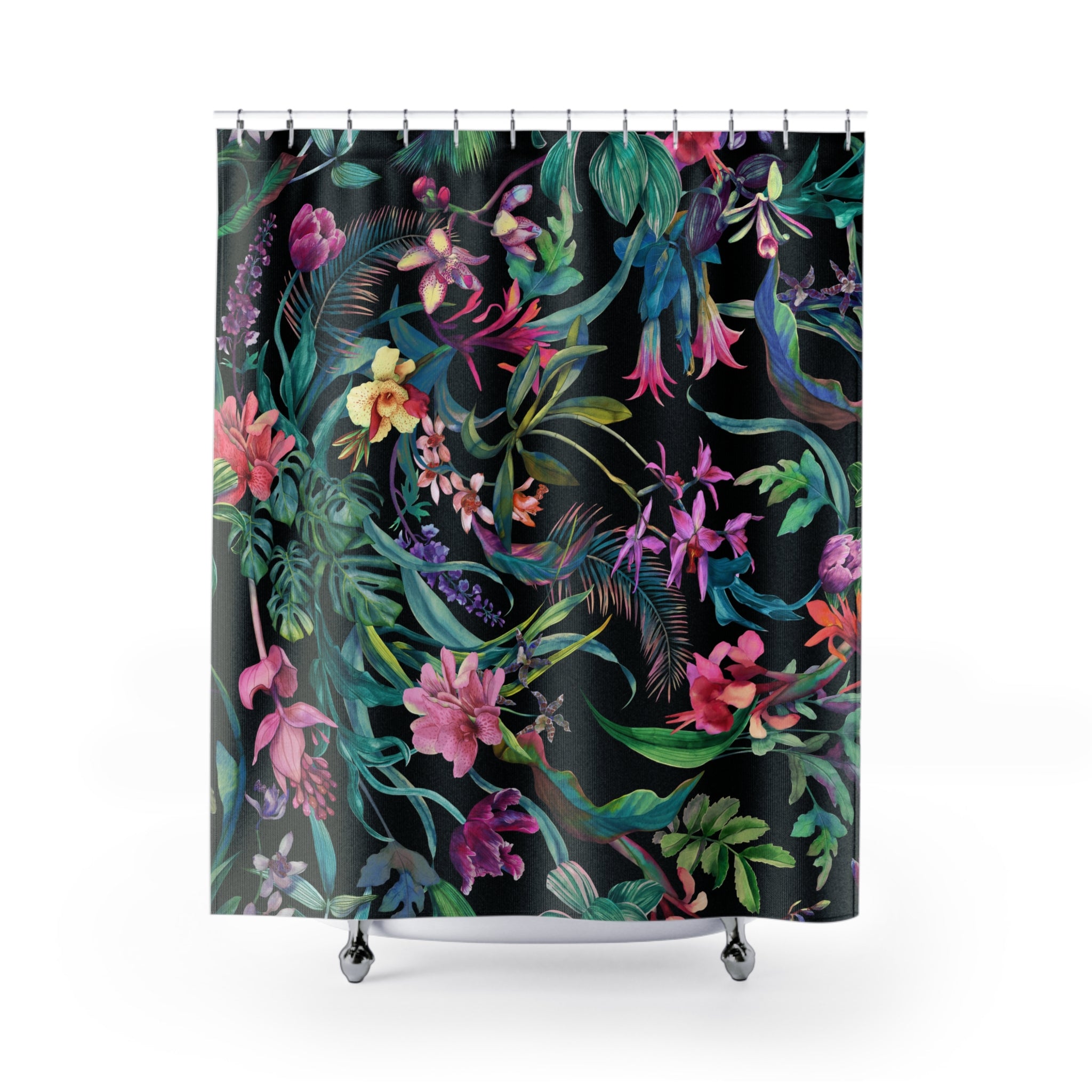 Floral Shower Curtain | Jungle Tropical Curtain, Black Green Pink