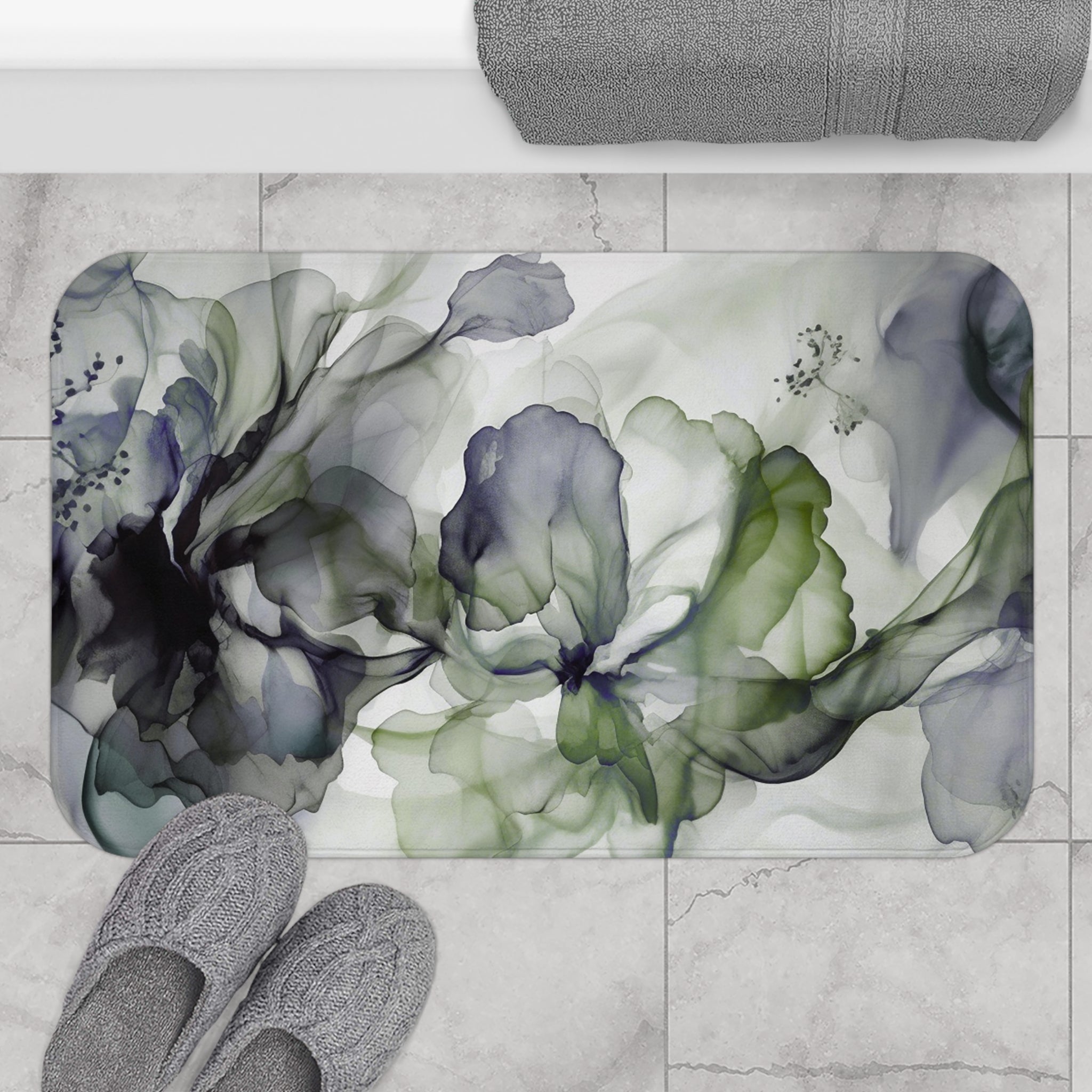 Boho Floral Bath Mat | Sage Green, Blue Grey Alcohol Ink Kitchen Mat