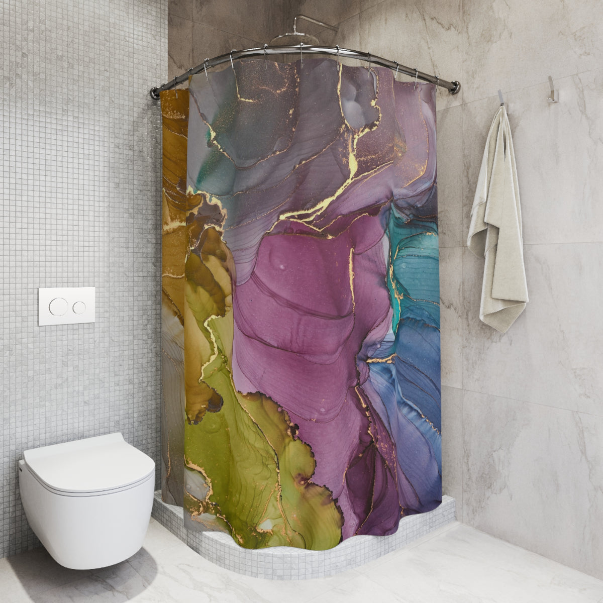 a bathroom with a colorful abstract pattern on the shower curtain, which appears to be a mix of purple, green, and blue colors. The shower curtain is hanging from a rod, and there is a towel hanging on the wall next to it. The bathroom has a white toilet and a white tiled wall, creating a clean and modern aesthetic.