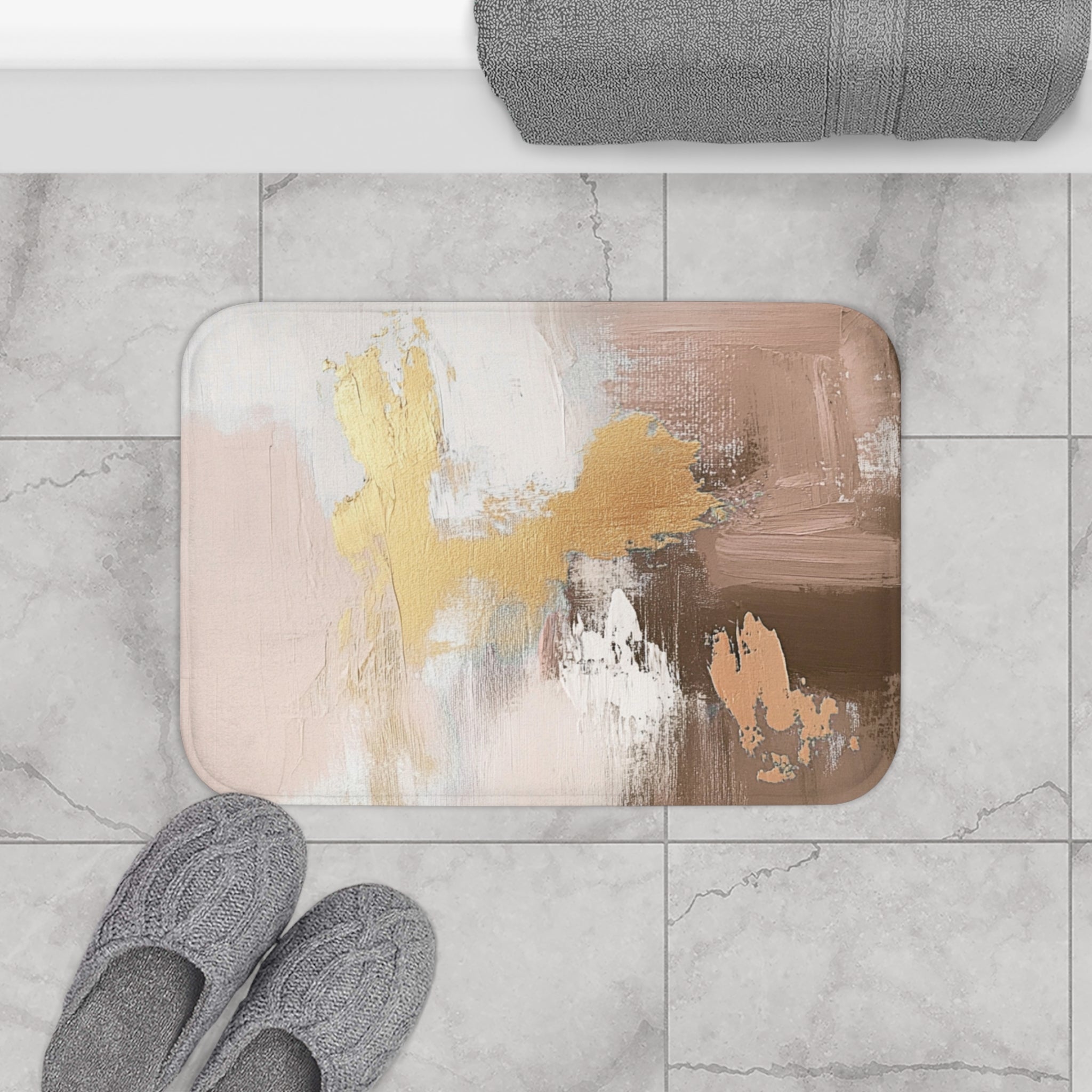 Abstract Bath Mat | Kitchen Mat, Earthy Neutral Brown Beige, Muted Gold Ombre
