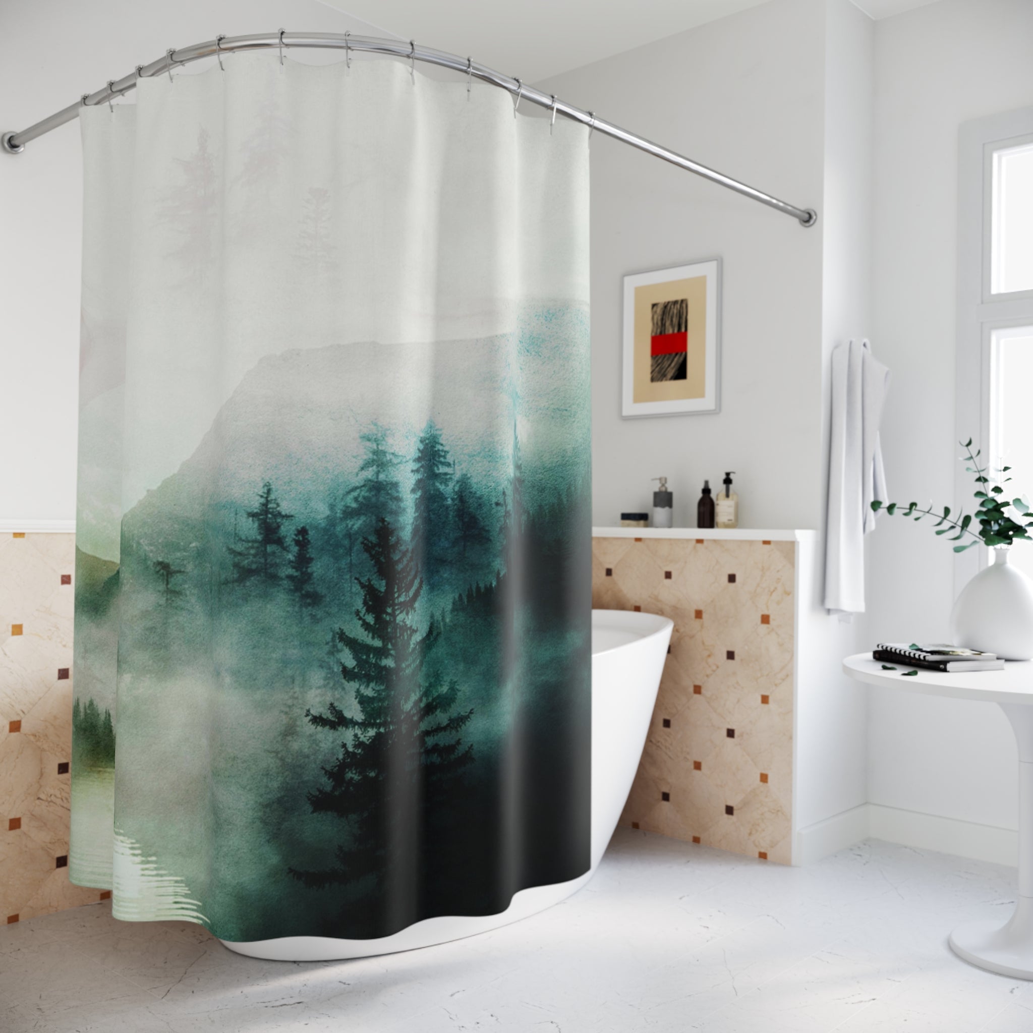 Boho Shower Curtain | Abstract Nature, Teal Sage Green Pine