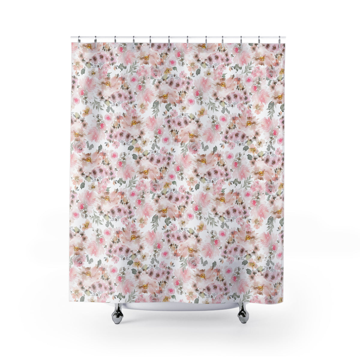 A shower curtain with a floral pattern in shades of pink and white.