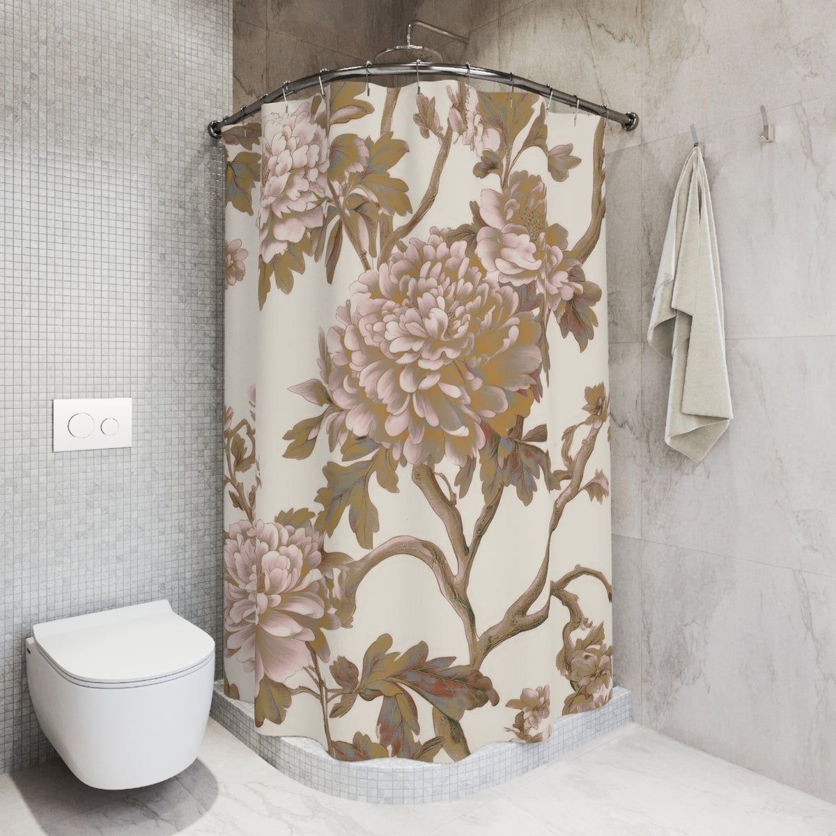 a bathroom with a shower curtain adorned with a floral pattern in shades of pink and brown. The shower curtain is hanging on a rod next to a towel rack. The bathroom also includes a toilet and a tiled wall.