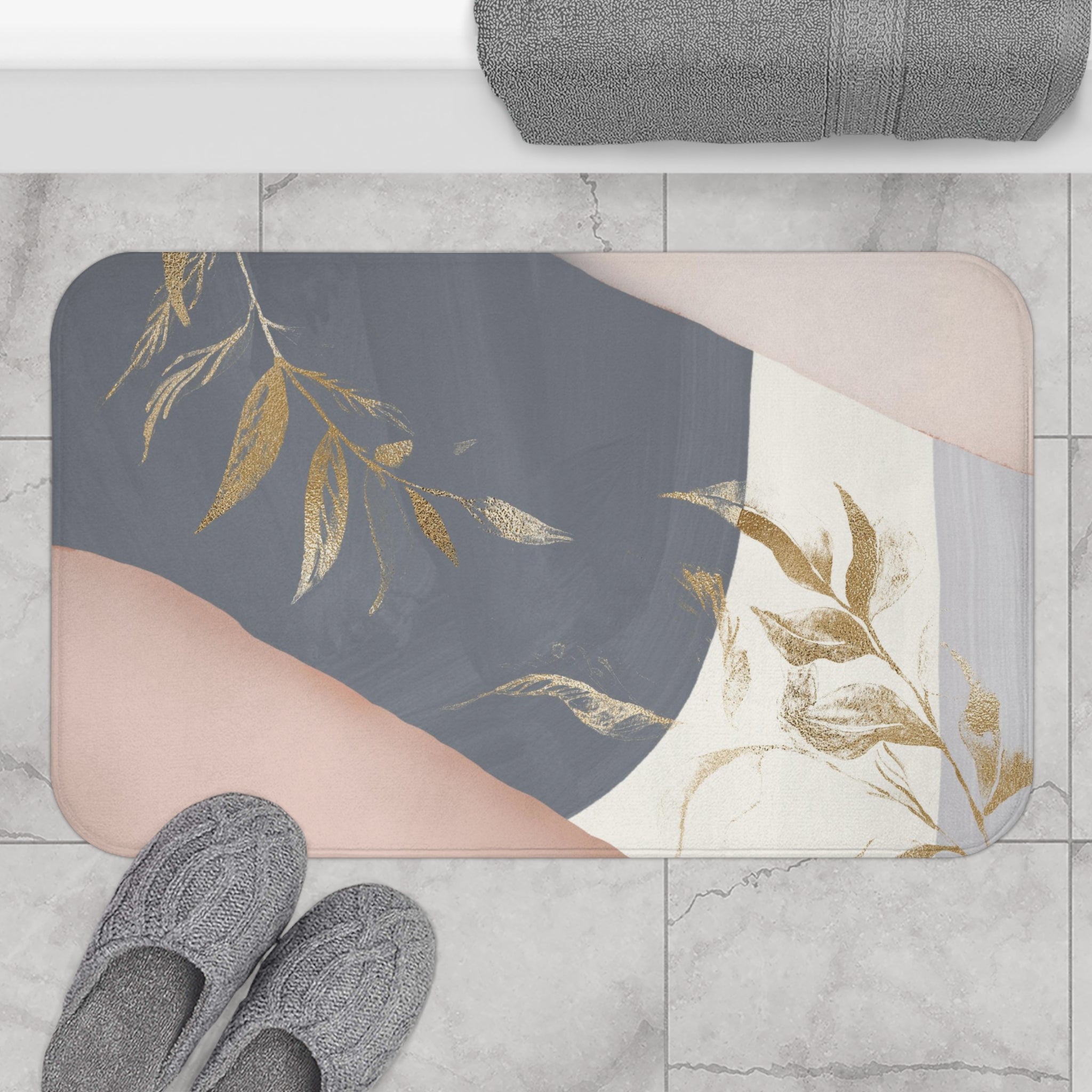 Boho Floral Bath Mat | Modern Grey, Blush Pink, Muted Gold