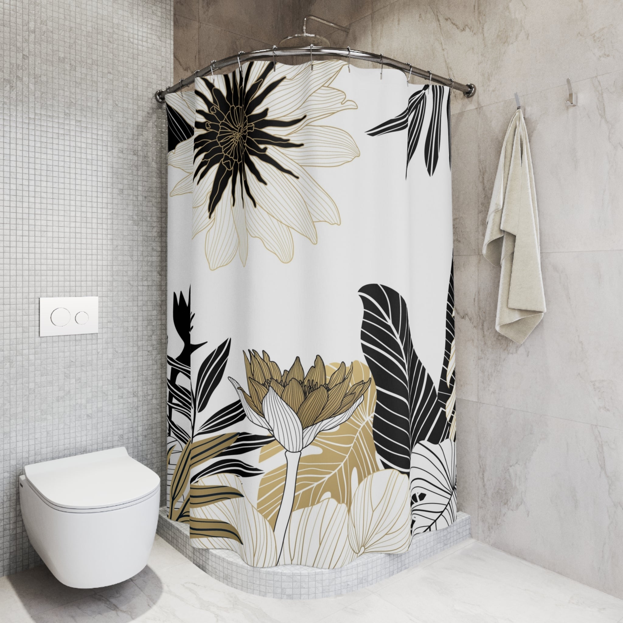 Abstract Floral Shower Curtain | White Black, Beige Jungle Leaves