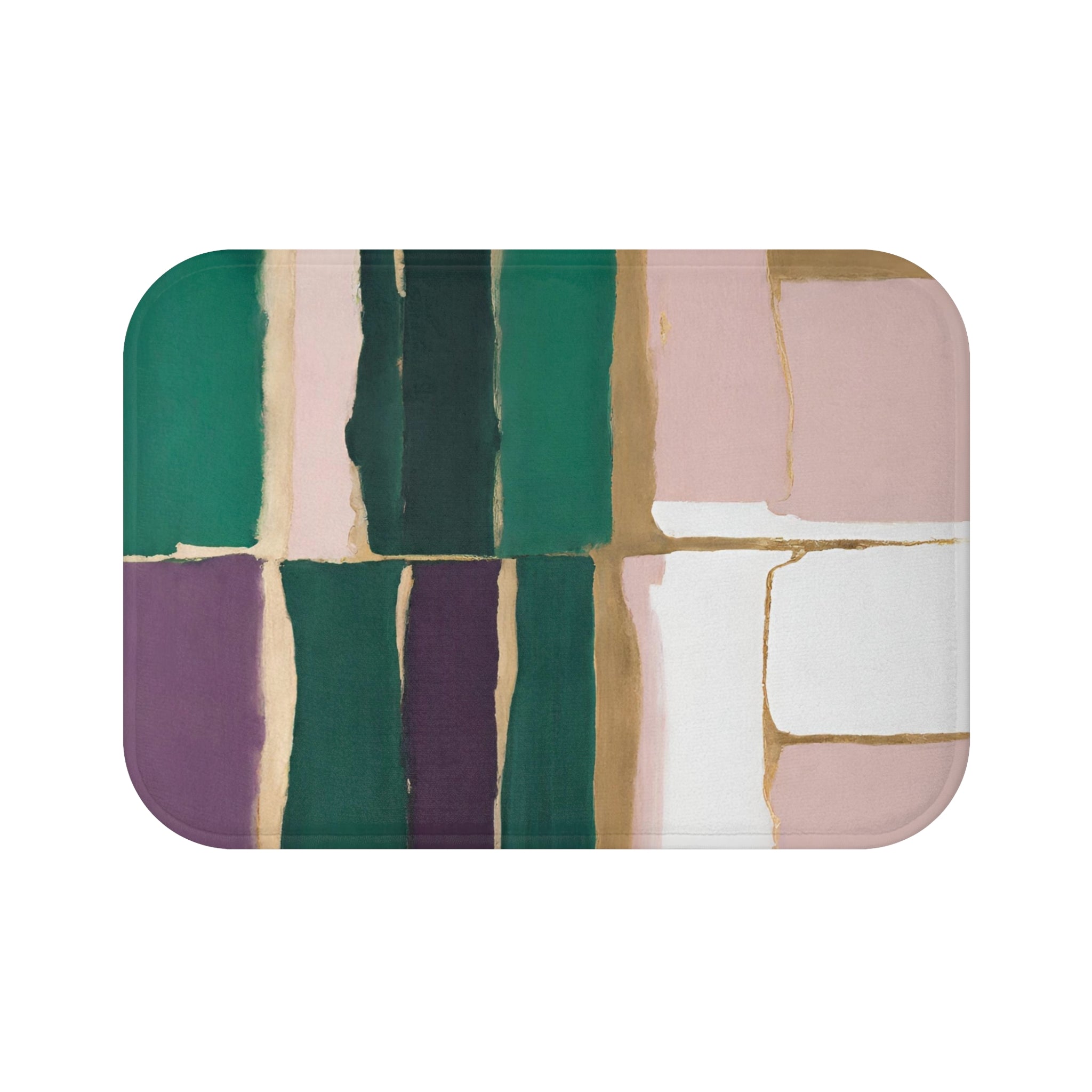 Boho Abstract Bath Mat | Green Purple Gold Beige, Pink White Kitchen Mat