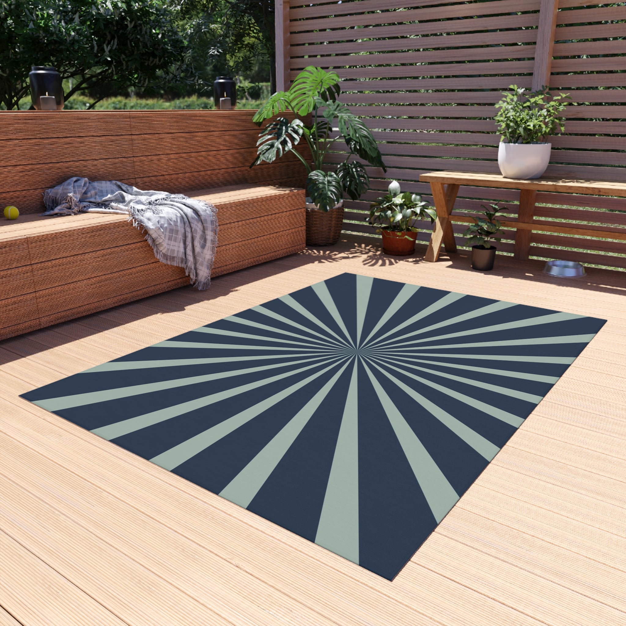 Retro Sun Ray Outdoor Rug | Mid Century Navy Blue