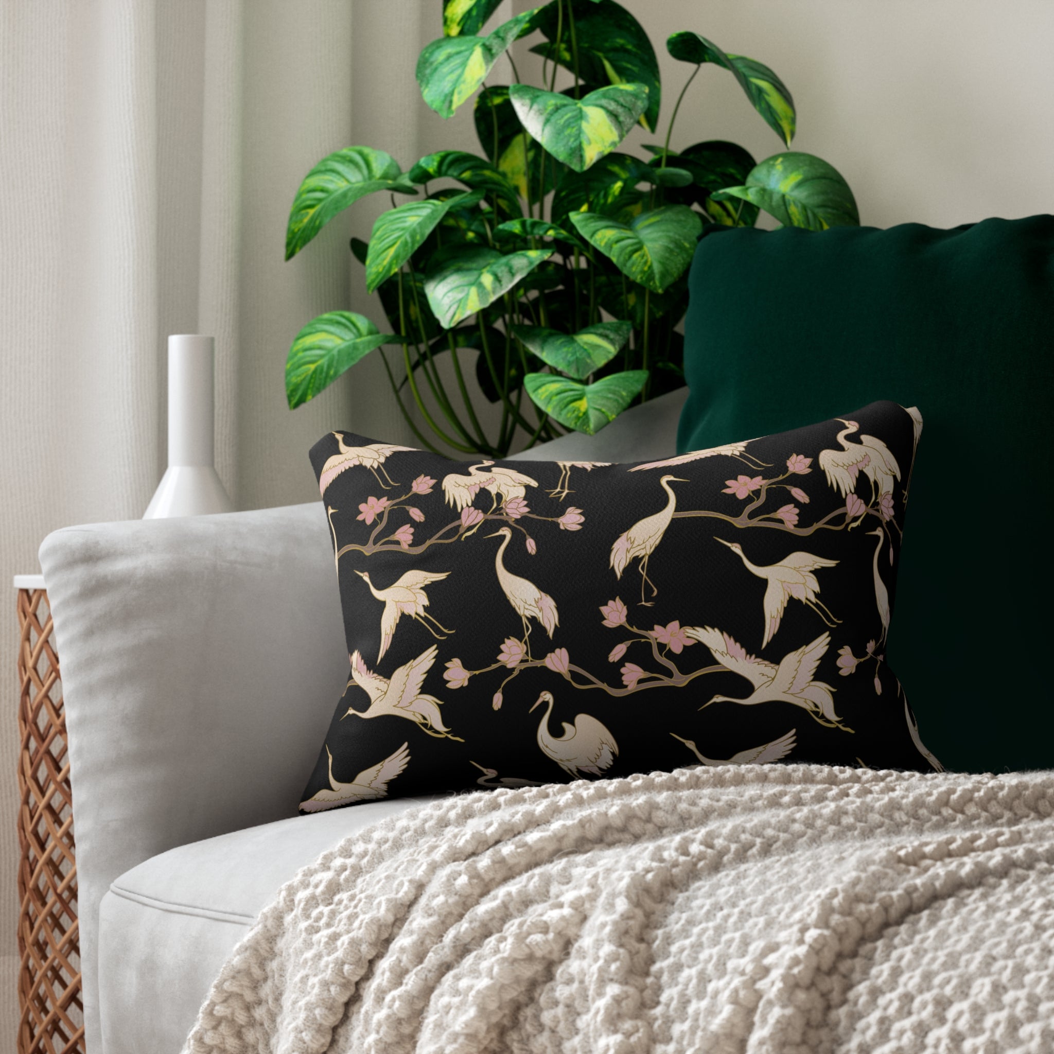 Stork Lumbar Pillow | Black Beige Japanese Crane Birds