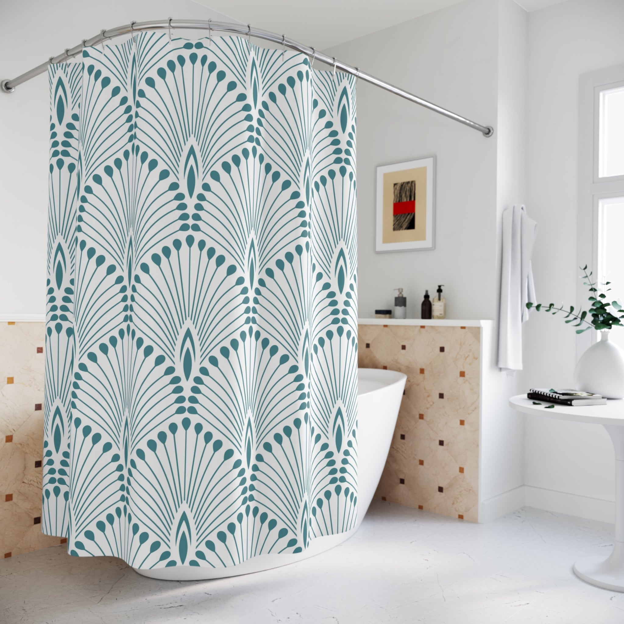 Boho Shower Curtain | Vintage Blue White Art Deco Crane